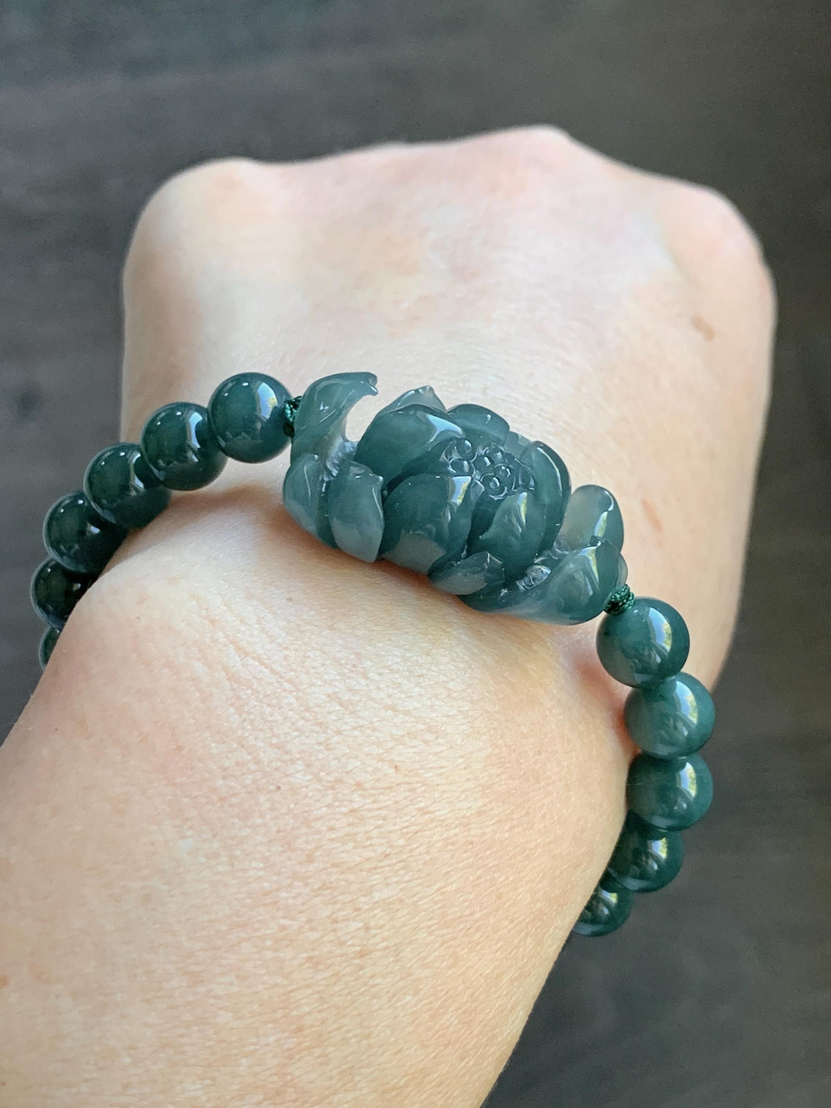 Natural Grade A Guatemalan Icy Translucent Dark Teal Blue Jade Jadeite Lotus Flower Beaded Bracelet 6.5” 27g 天然冰危深蓝绿翡翠莲花圆珠手串 WLH245