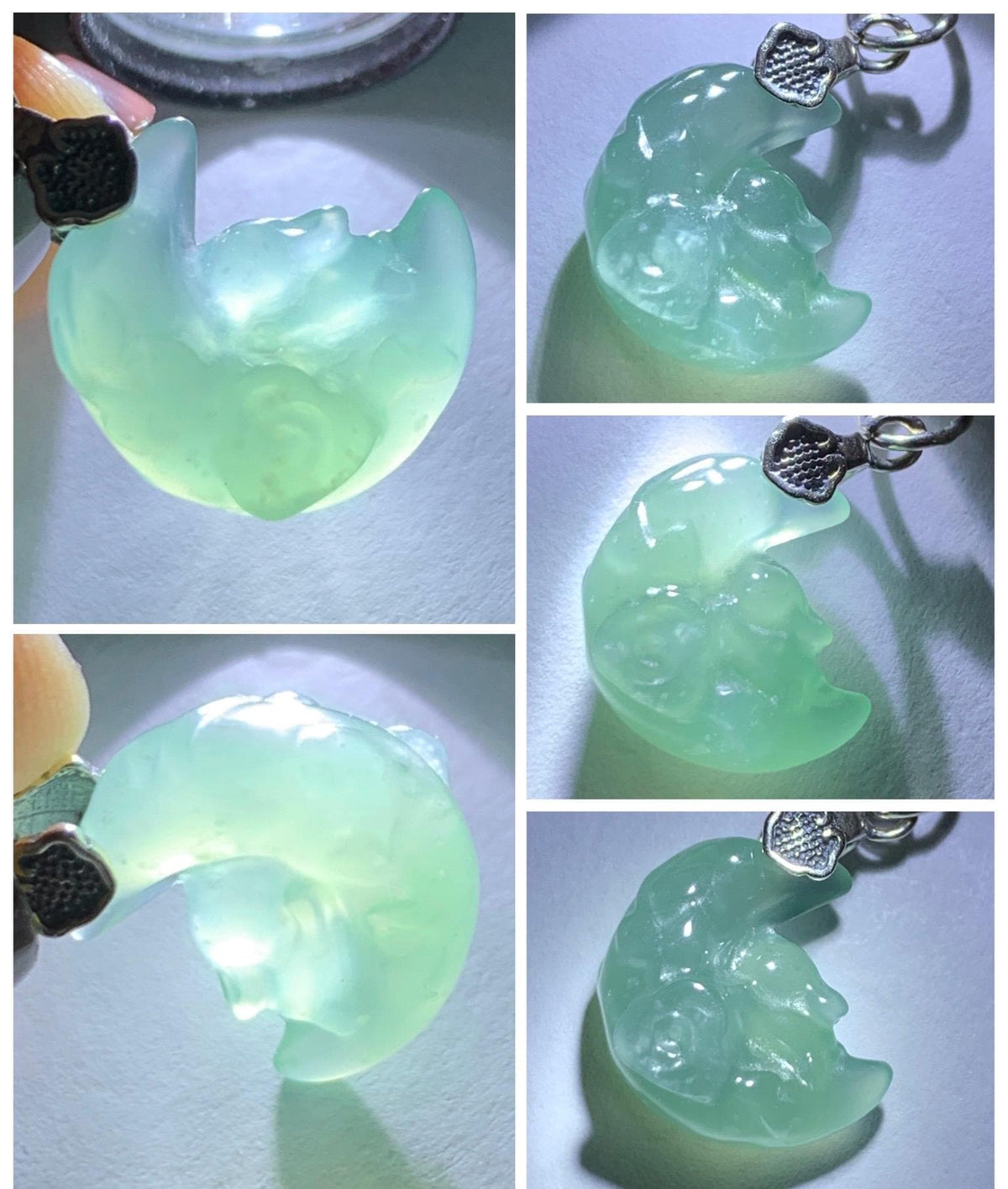 Natural Grade A Guatemalan Icy Translucent Light Teal Jade Jadeite Rabbit Crescent Moon Petite Pendant Sterling Silver 天然冰危蓝翡翠迷你月亮兔吊坠WLK180T