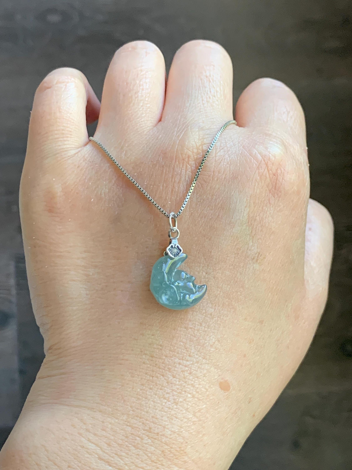 Natural Grade A Guatemalan Icy Translucent Light Teal Jade Jadeite Rabbit Crescent Moon Petite Pendant Sterling Silver 天然冰危蓝翡翠迷你月亮兔吊坠WLK180T