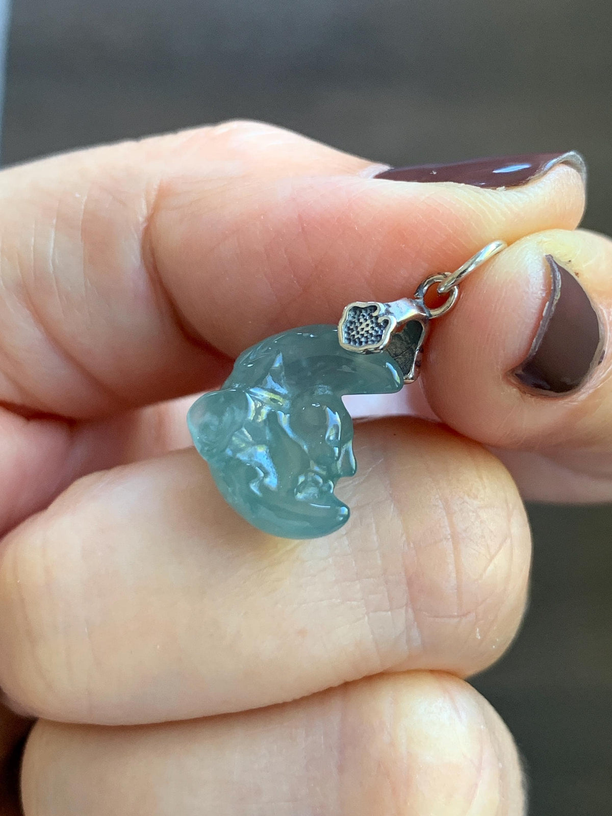 Natural Grade A Guatemalan Icy Translucent Light Teal Jade Jadeite Rabbit Crescent Moon Petite Pendant Sterling Silver 天然冰危蓝翡翠迷你月亮兔吊坠WLK180T