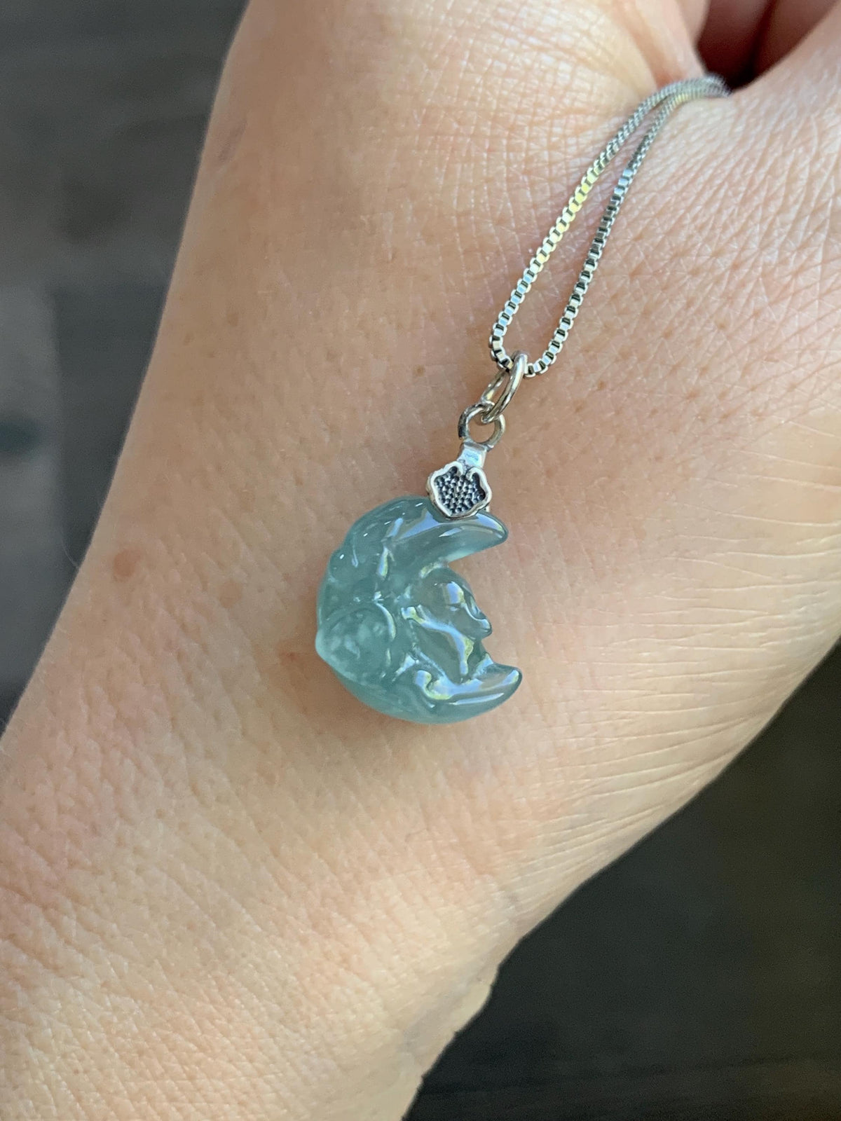 Natural Grade A Guatemalan Icy Translucent Light Teal Jade Jadeite Rabbit Crescent Moon Petite Pendant Sterling Silver 天然冰危蓝翡翠迷你月亮兔吊坠WLK180T