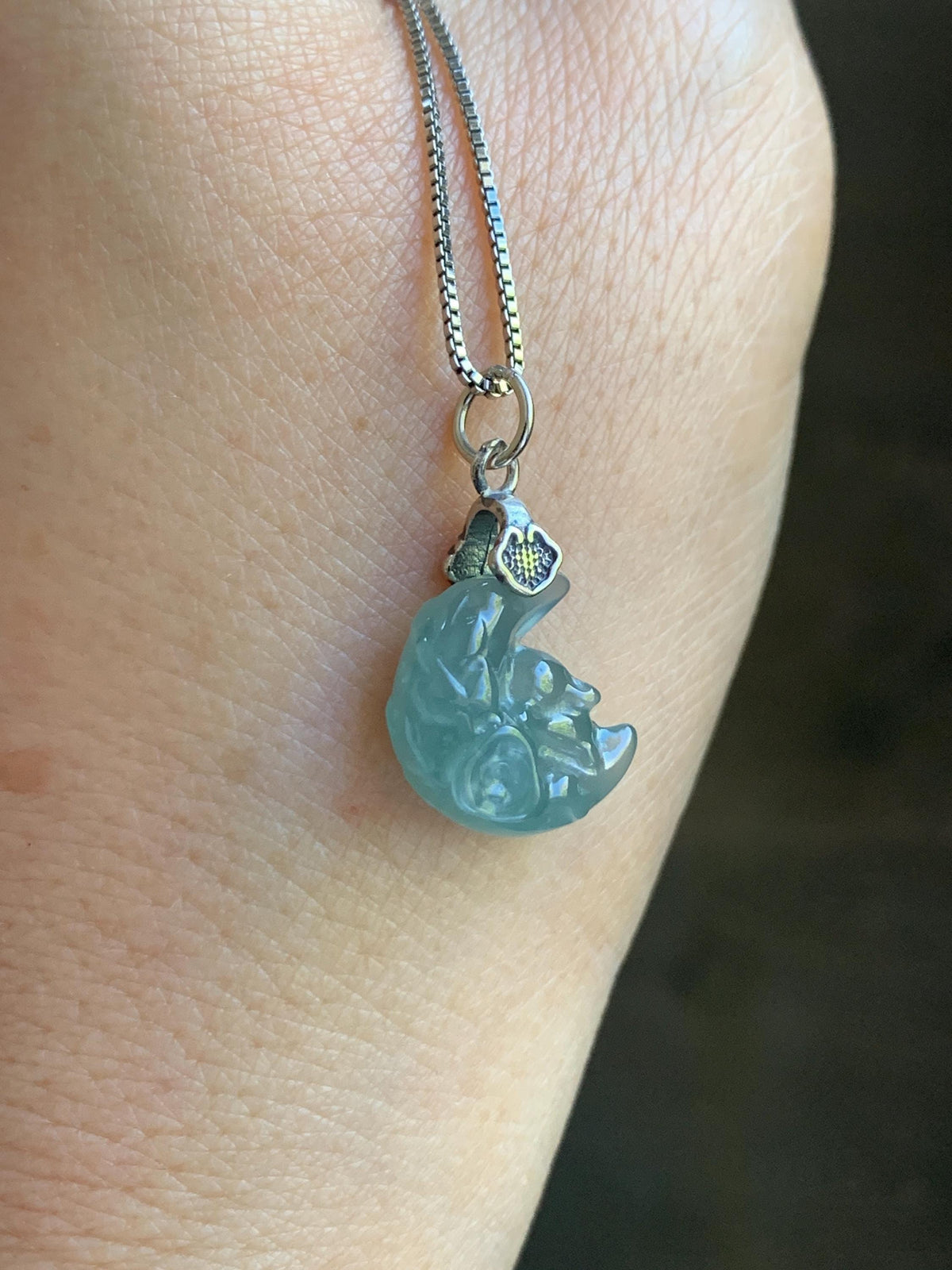 Natural Grade A Guatemalan Icy Translucent Light Teal Jade Jadeite Rabbit Crescent Moon Petite Pendant Sterling Silver 天然冰危蓝翡翠迷你月亮兔吊坠WLK180T