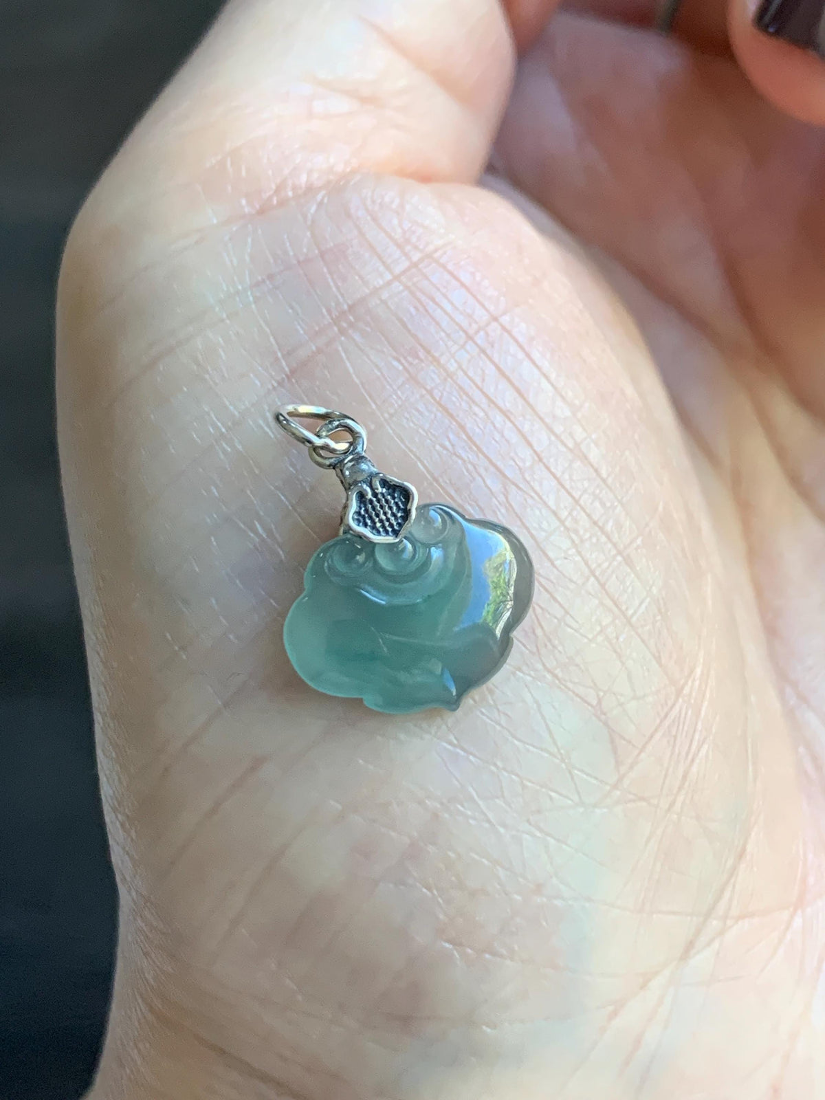 Petite Natural Grade A Guatemalan Icy Highly Translucent Teal Blue Jade Jadeite Ruyi Pendant Sterling Silver 天然冰胶老种危蓝翡翠如意吊坠 WLK180R