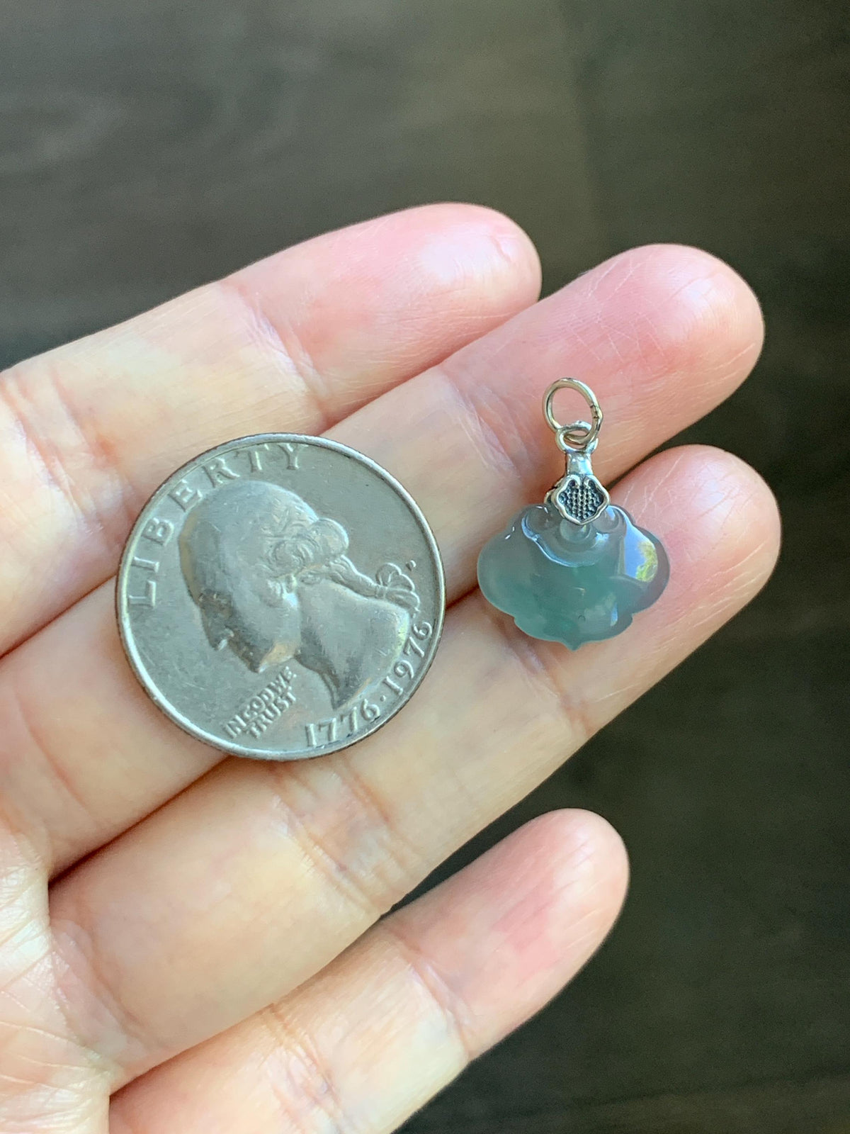 Petite Natural Grade A Guatemalan Icy Highly Translucent Teal Blue Jade Jadeite Ruyi Pendant Sterling Silver 天然冰胶老种危蓝翡翠如意吊坠 WLK180R