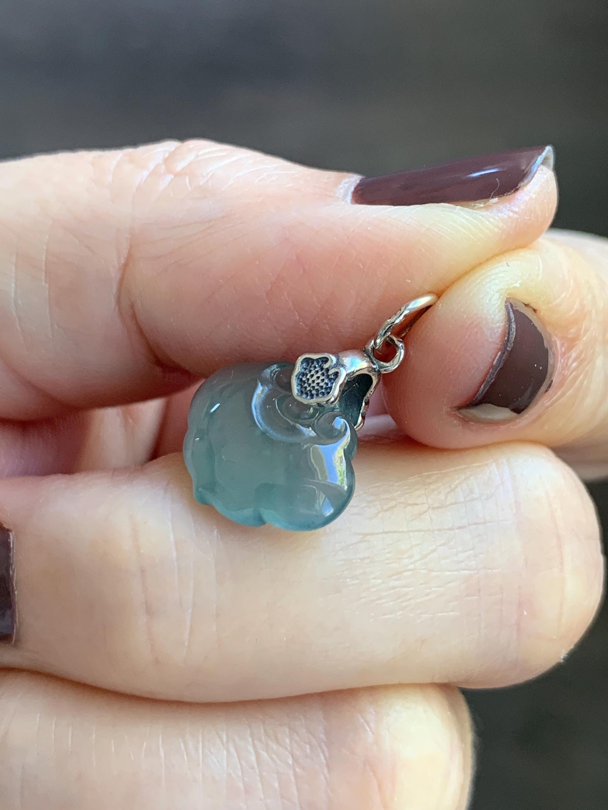 Petite Natural Grade A Guatemalan Icy Highly Translucent Teal Blue Jade Jadeite Ruyi Pendant Sterling Silver 天然冰胶老种危蓝翡翠如意吊坠 WLK180R