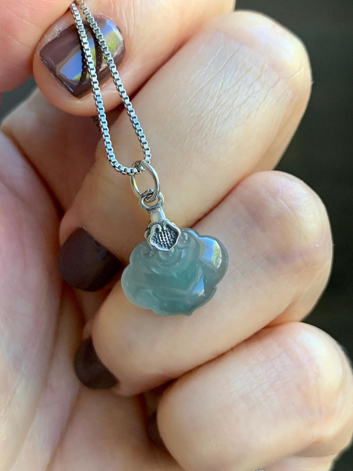 Petite Natural Grade A Guatemalan Icy Highly Translucent Teal Blue Jade Jadeite Ruyi Pendant Sterling Silver 天然冰胶老种危蓝翡翠如意吊坠 WLK180R