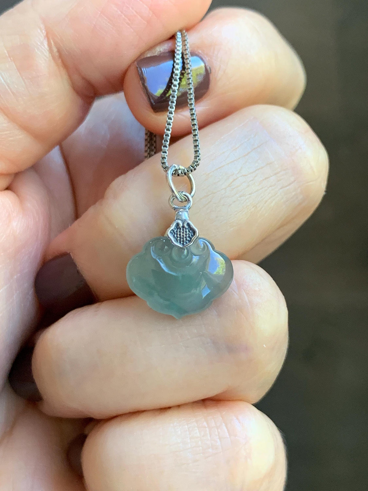 Petite Natural Grade A Guatemalan Icy Highly Translucent Teal Blue Jade Jadeite Ruyi Pendant Sterling Silver 天然冰胶老种危蓝翡翠如意吊坠 WLK180R