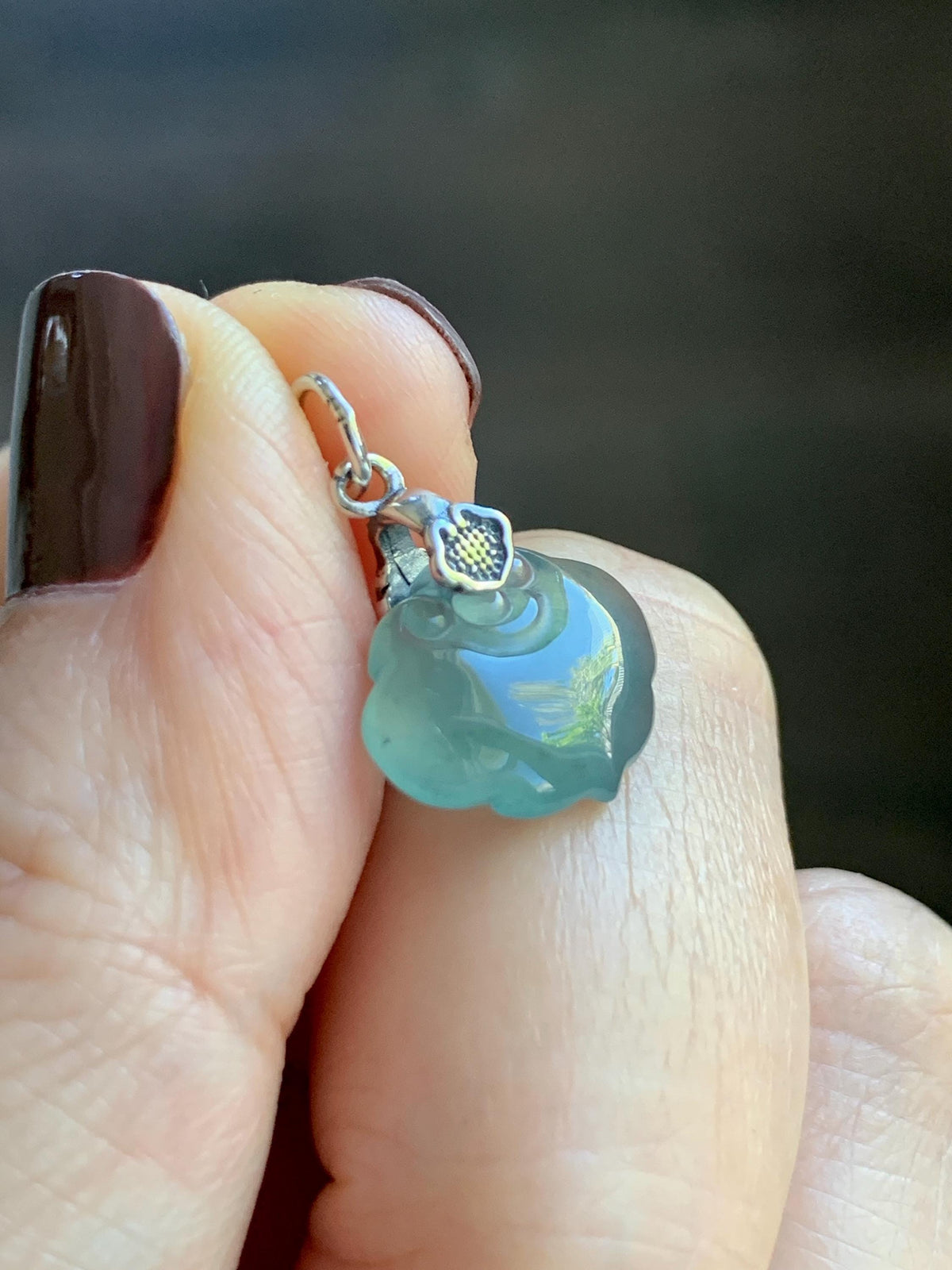 Petite Natural Grade A Guatemalan Icy Highly Translucent Teal Blue Jade Jadeite Ruyi Pendant Sterling Silver 天然冰胶老种危蓝翡翠如意吊坠 WLK180R