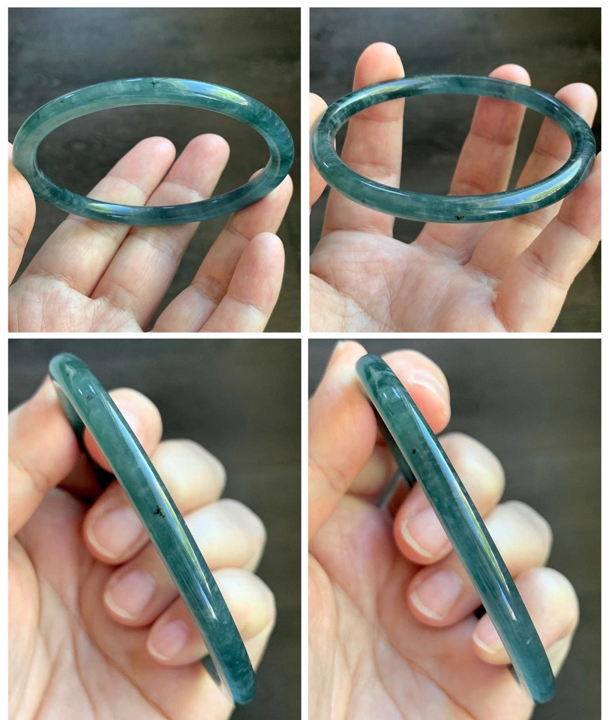 Certified Natural Grade A Guatemalan Icy Translucent Dark Dusty Teal Blue Jade Jadeite Slim Bangle 61mm 7.54" 19.8g 天然冰危深蓝翡翠细圆条手镯 925