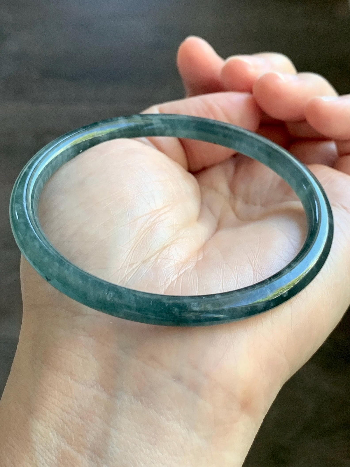 Certified Natural Grade A Guatemalan Icy Translucent Dark Dusty Teal Blue Jade Jadeite Slim Bangle 61mm 7.54" 19.8g 天然冰危深蓝翡翠细圆条手镯 925
