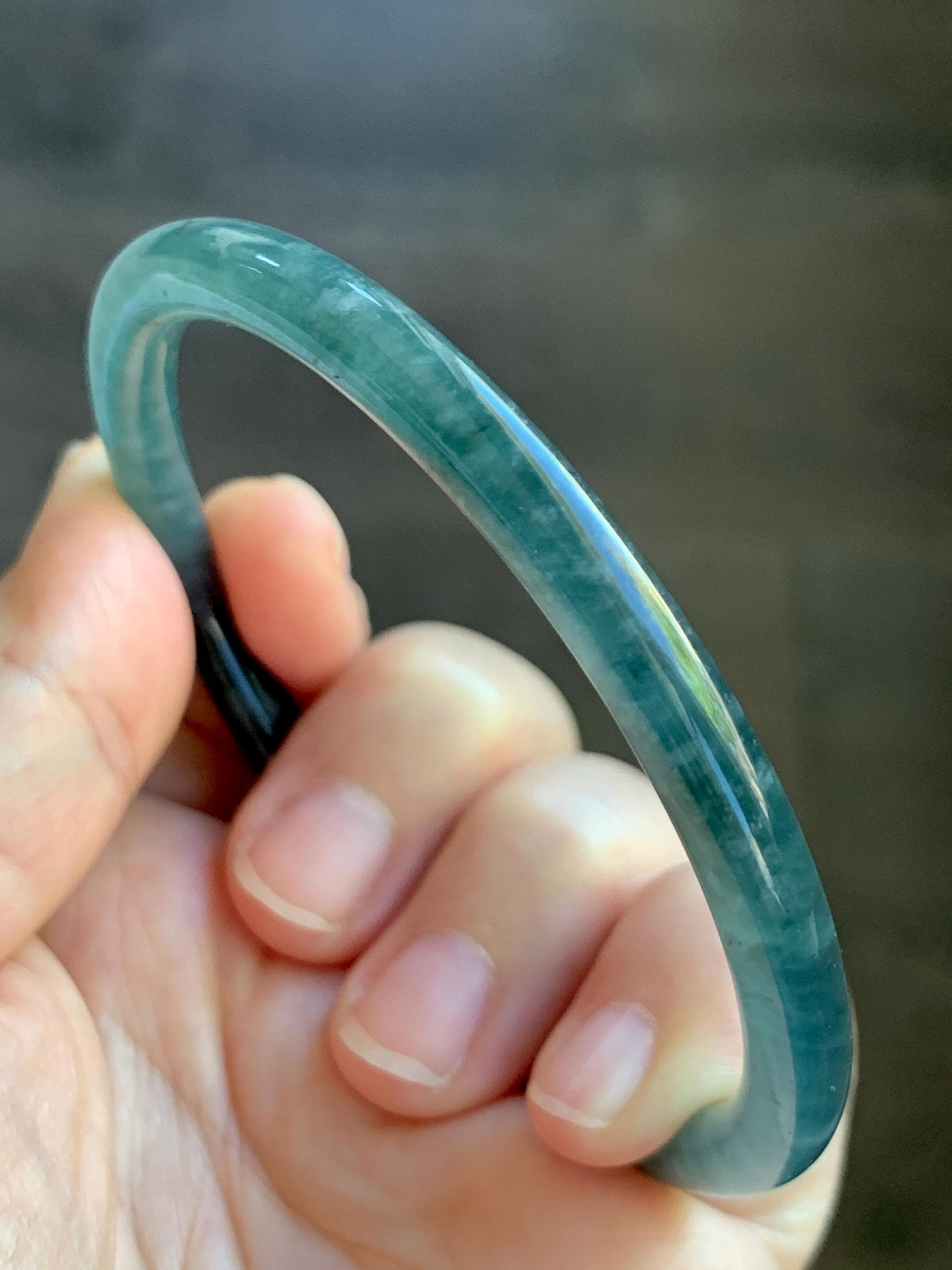 Certified Natural Grade A Guatemalan Icy Translucent Dark Dusty Teal Blue Jade Jadeite Slim Bangle 61mm 7.54" 19.8g 天然冰危深蓝翡翠细圆条手镯 925