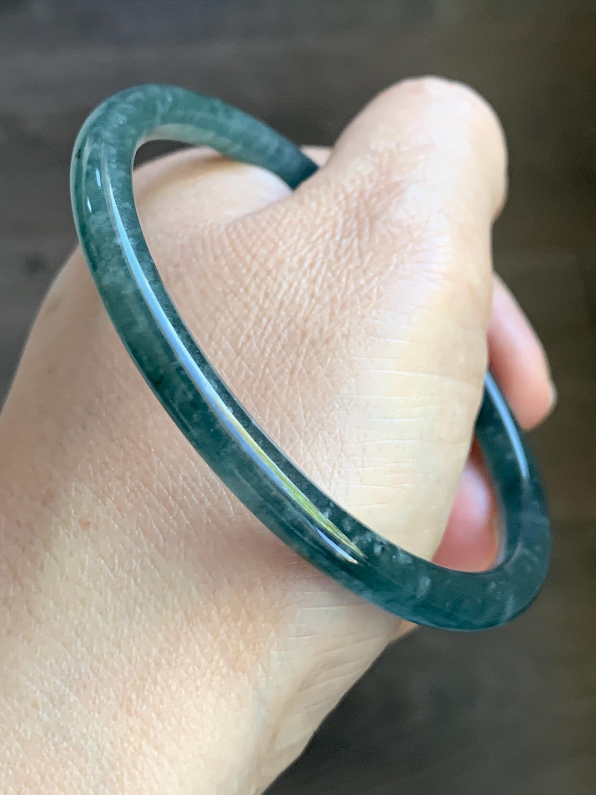 Certified Natural Grade A Guatemalan Icy Translucent Dark Dusty Teal Blue Jade Jadeite Slim Bangle 61mm 7.54" 19.8g 天然冰危深蓝翡翠细圆条手镯 925