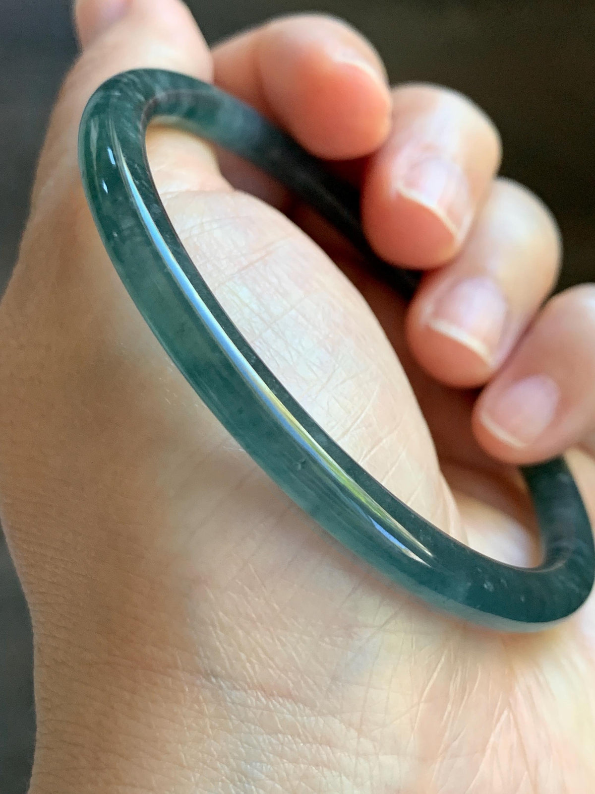 Certified Natural Grade A Guatemalan Icy Translucent Dark Dusty Teal Blue Jade Jadeite Slim Bangle 61mm 7.54" 19.8g 天然冰危深蓝翡翠细圆条手镯 925