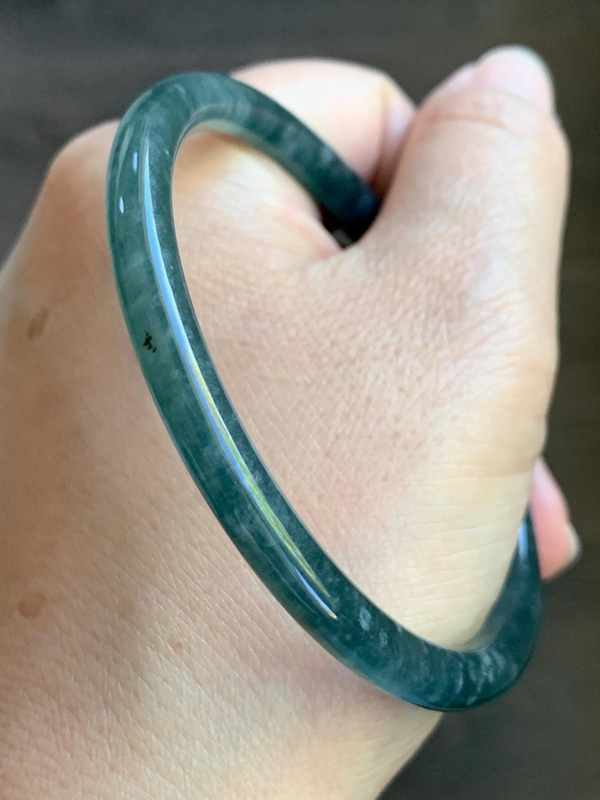 Certified Natural Grade A Guatemalan Icy Translucent Dark Dusty Teal Blue Jade Jadeite Slim Bangle 61mm 7.54" 19.8g 天然冰危深蓝翡翠细圆条手镯 925