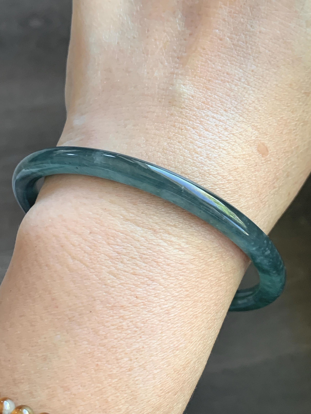 Certified Natural Grade A Guatemalan Icy Translucent Dark Dusty Teal Blue Jade Jadeite Slim Bangle 61mm 7.54" 19.8g 天然冰危深蓝翡翠细圆条手镯 925