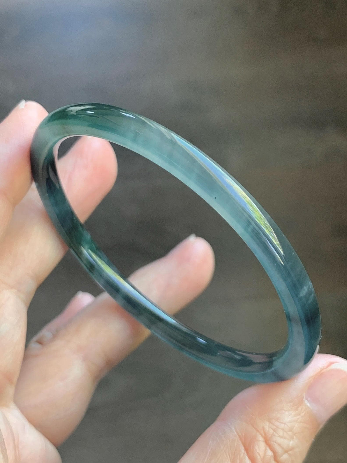 Certified Natural Grade A Guatemalan Icy Highly Translucent Dark Teal Blue Jade Jadeite Slim Bangle 58mm 7.17” 16.5g 天然冰胶危深蓝绿翡翠细圆条手镯 931
