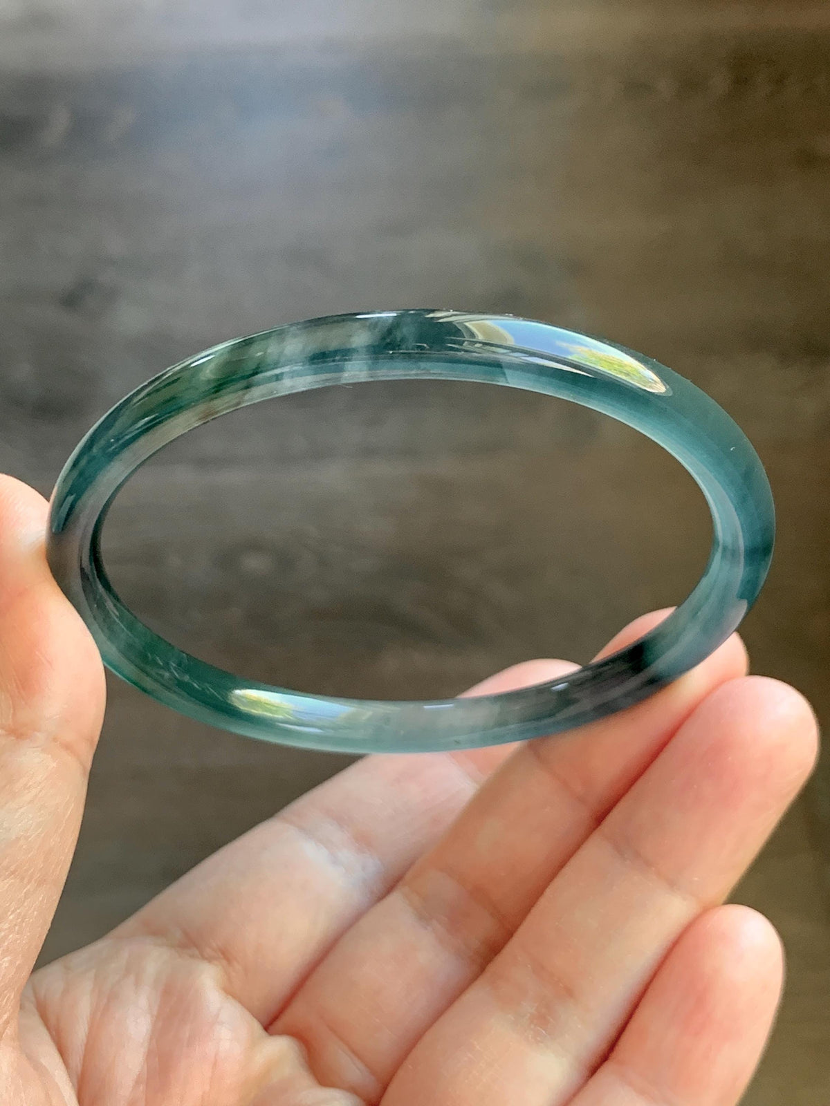 Certified Natural Grade A Guatemalan Icy Highly Translucent Dark Teal Blue Jade Jadeite Slim Bangle 58mm 7.17” 16.5g 天然冰胶危深蓝绿翡翠细圆条手镯 931