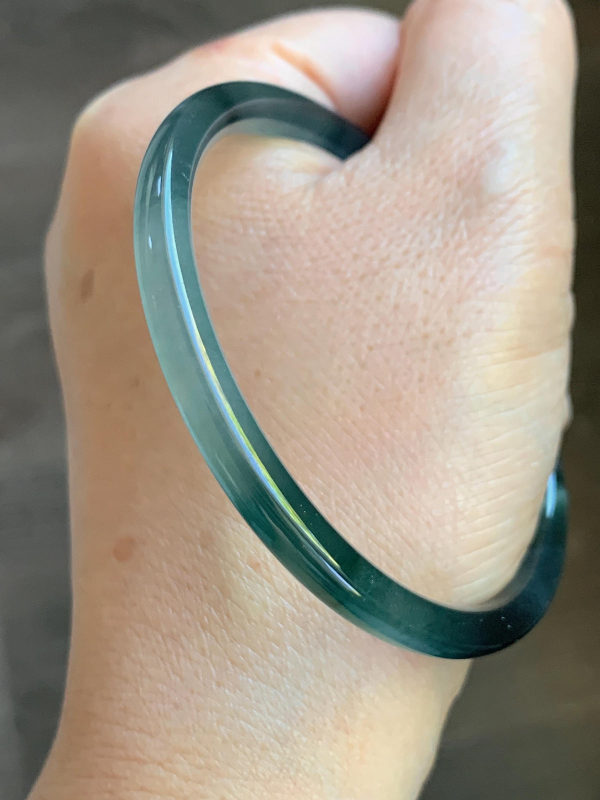 Certified Natural Grade A Guatemalan Icy Highly Translucent Dark Teal Blue Jade Jadeite Slim Bangle 58mm 7.17” 16.5g 天然冰胶危深蓝绿翡翠细圆条手镯 931