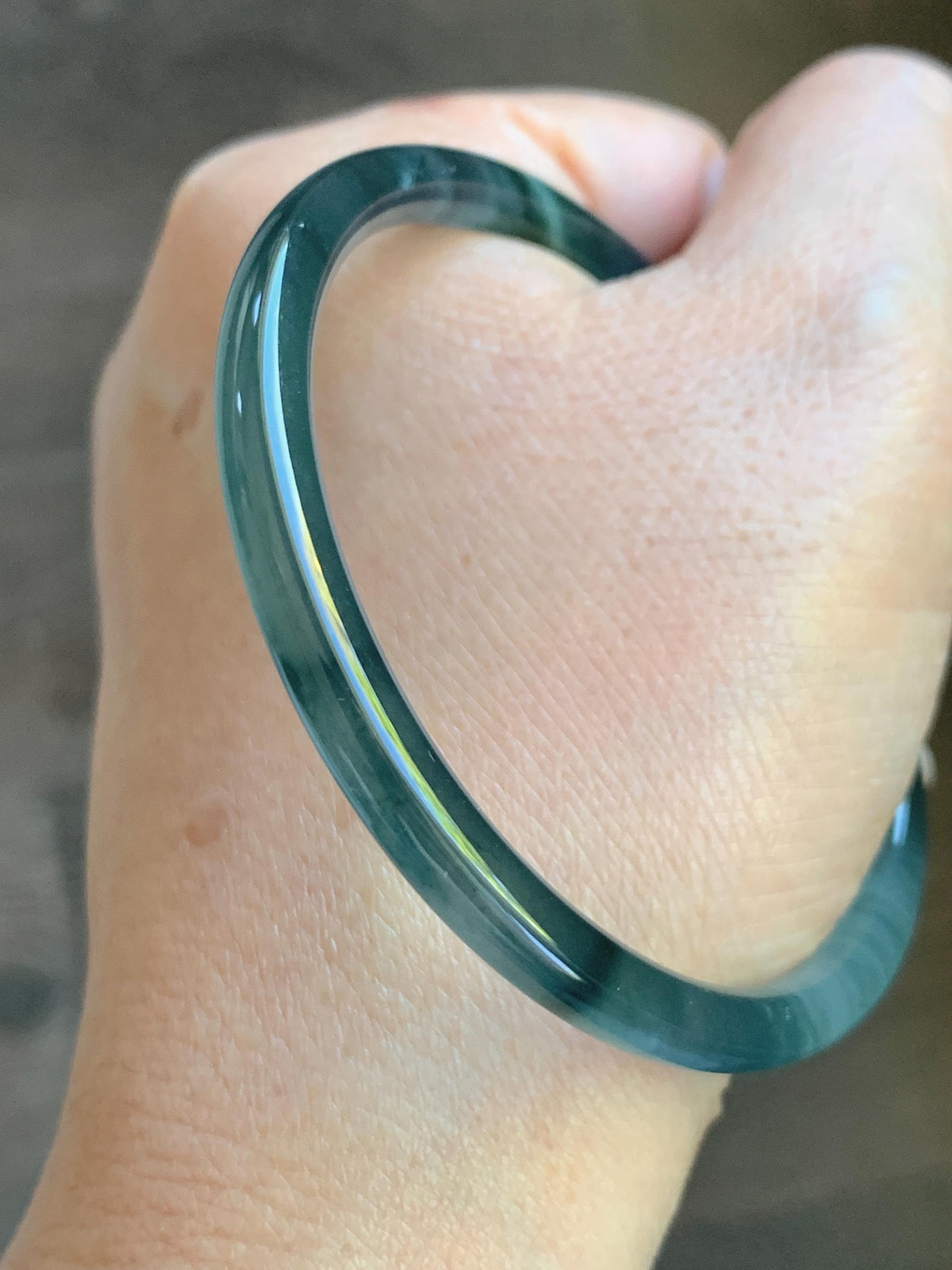Certified Natural Grade A Guatemalan Icy Highly Translucent Dark Teal Blue Jade Jadeite Slim Bangle 58mm 7.17” 16.5g 天然冰胶危深蓝绿翡翠细圆条手镯 931