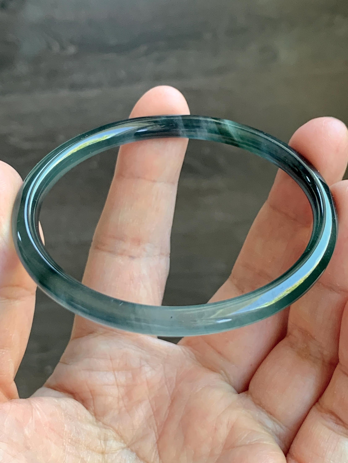 Certified Natural Grade A Guatemalan Icy Highly Translucent Dark Teal Blue Jade Jadeite Slim Bangle 58mm 7.17” 16.5g 天然冰胶危深蓝绿翡翠细圆条手镯 931