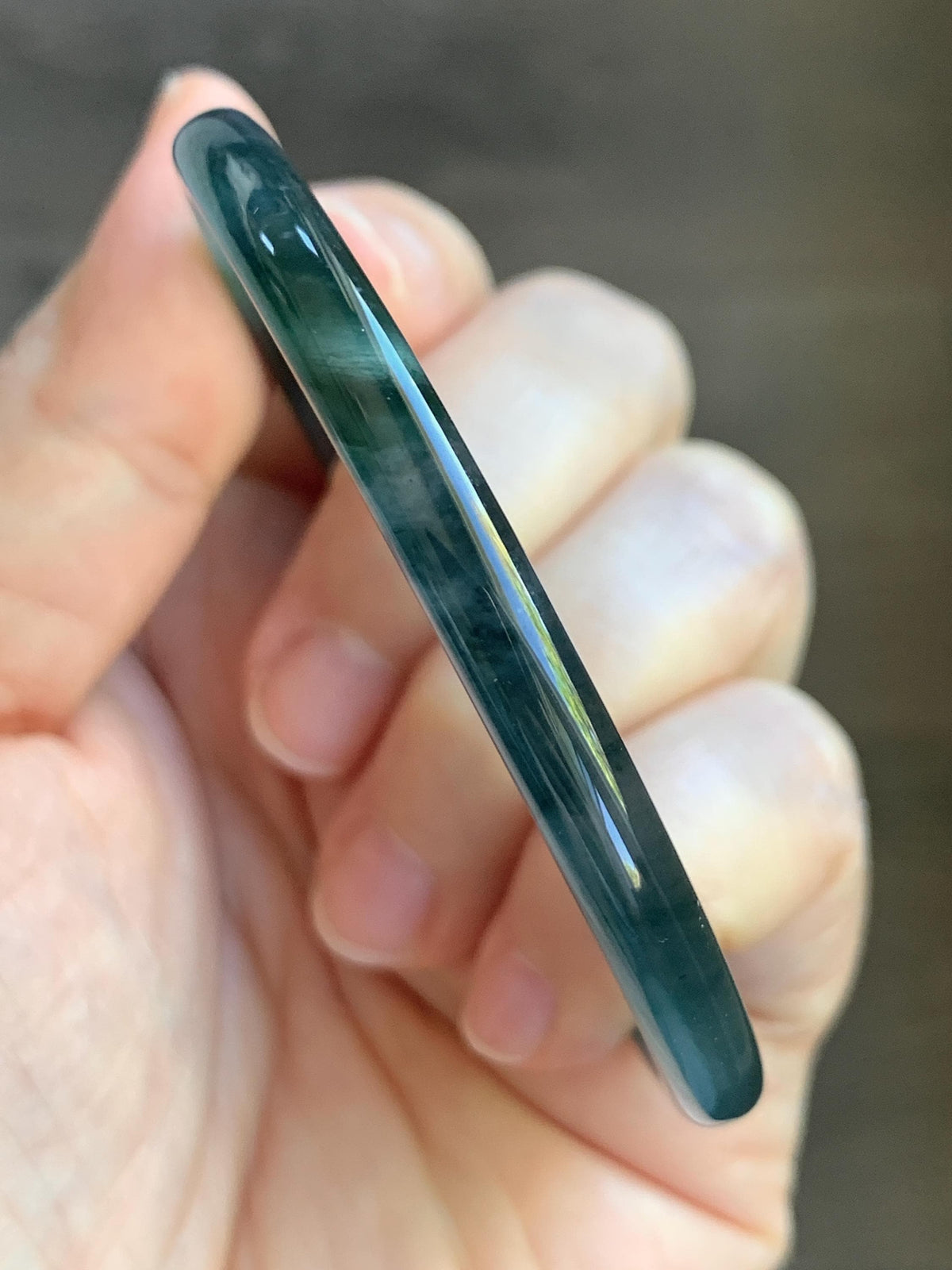 Certified Natural Grade A Guatemalan Icy Highly Translucent Dark Teal Blue Jade Jadeite Slim Bangle 58mm 7.17” 16.5g 天然冰胶危深蓝绿翡翠细圆条手镯 931