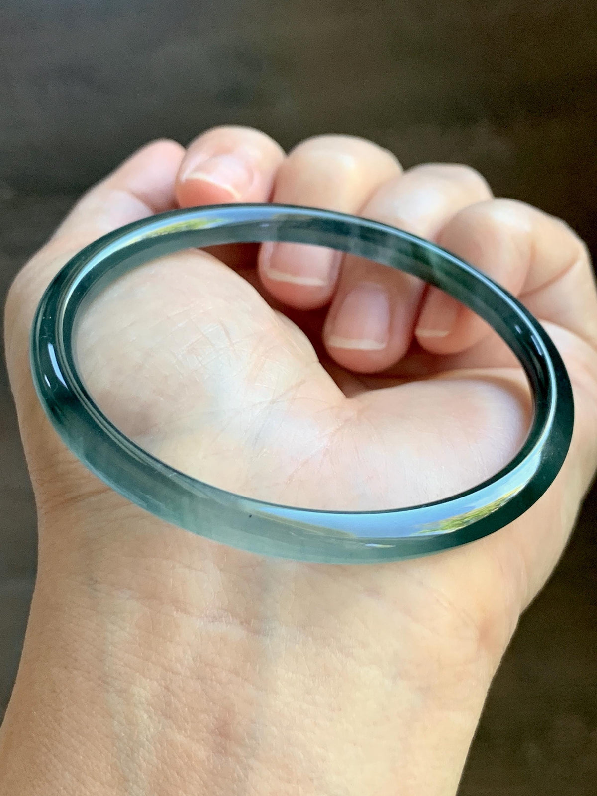 Certified Natural Grade A Guatemalan Icy Highly Translucent Dark Teal Blue Jade Jadeite Slim Bangle 58mm 7.17” 16.5g 天然冰胶危深蓝绿翡翠细圆条手镯 931