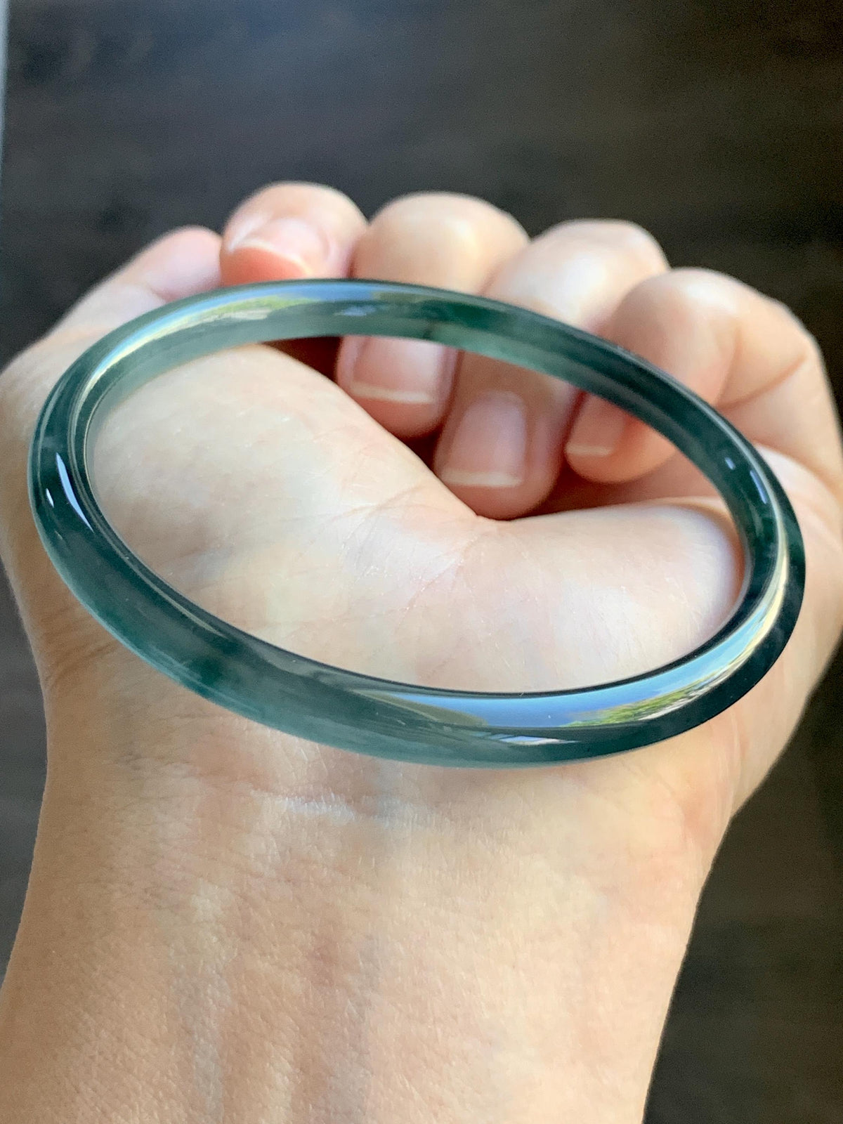 Certified Natural Grade A Guatemalan Icy Highly Translucent Dark Teal Blue Jade Jadeite Slim Bangle 58mm 7.17” 16.5g 天然冰胶危深蓝绿翡翠细圆条手镯 931