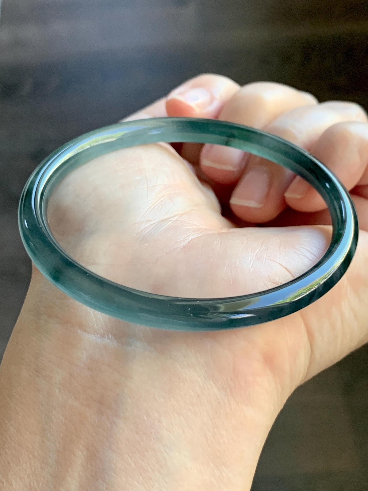Certified Natural Grade A Guatemalan Icy Highly Translucent Dark Teal Blue Jade Jadeite Slim Bangle 58mm 7.17” 16.5g 天然冰胶危深蓝绿翡翠细圆条手镯 931