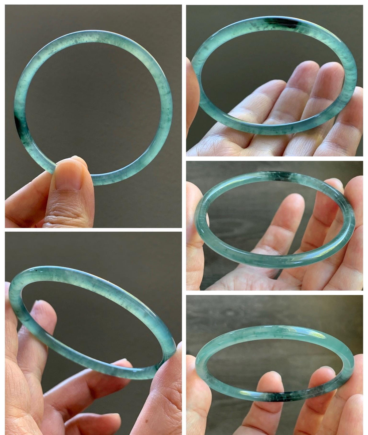 Certified Natural Grade A Guatemalan Icy Highly Translucent Dusty Teal Green Jade Jadeite Slim Bangle 59.9mm 7.4” 13.55g 天然冰胶危蓝绿翡翠细圆条手镯 932