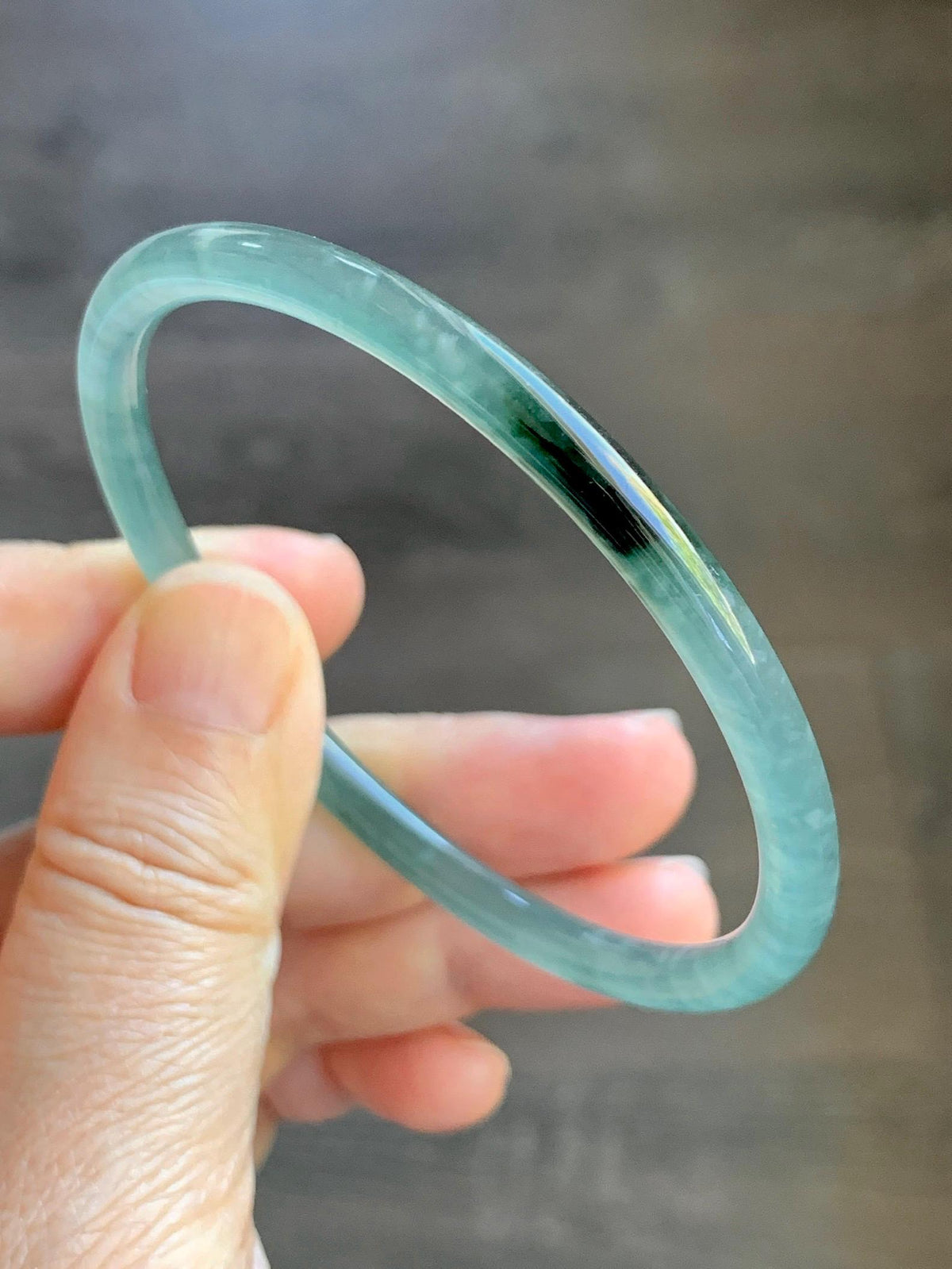 Certified Natural Grade A Guatemalan Icy Highly Translucent Dusty Teal Green Jade Jadeite Slim Bangle 59.9mm 7.4” 13.55g 天然冰胶危蓝绿翡翠细圆条手镯 932