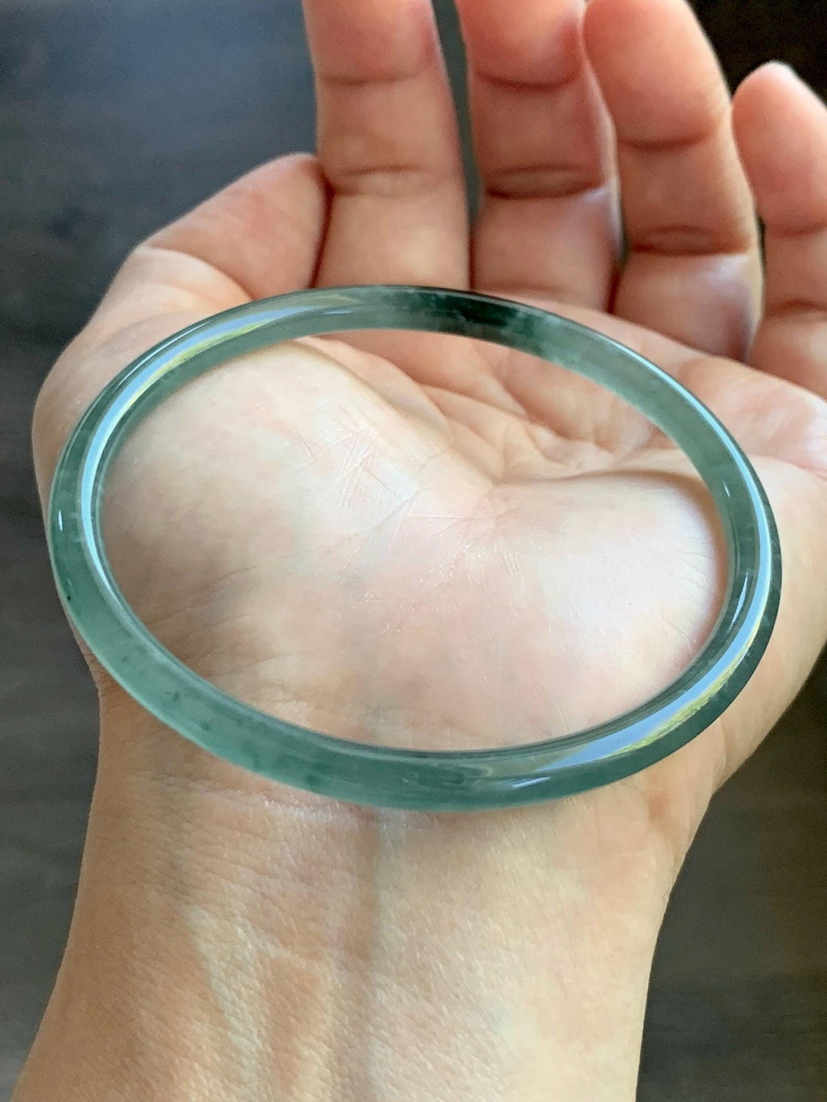 Certified Natural Grade A Guatemalan Icy Highly Translucent Dusty Teal Green Jade Jadeite Slim Bangle 59.9mm 7.4” 13.55g 天然冰胶危蓝绿翡翠细圆条手镯 932