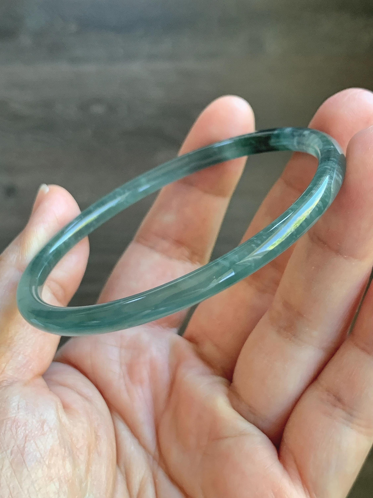 Certified Natural Grade A Guatemalan Icy Highly Translucent Dusty Teal Green Jade Jadeite Slim Bangle 59.9mm 7.4” 13.55g 天然冰胶危蓝绿翡翠细圆条手镯 932