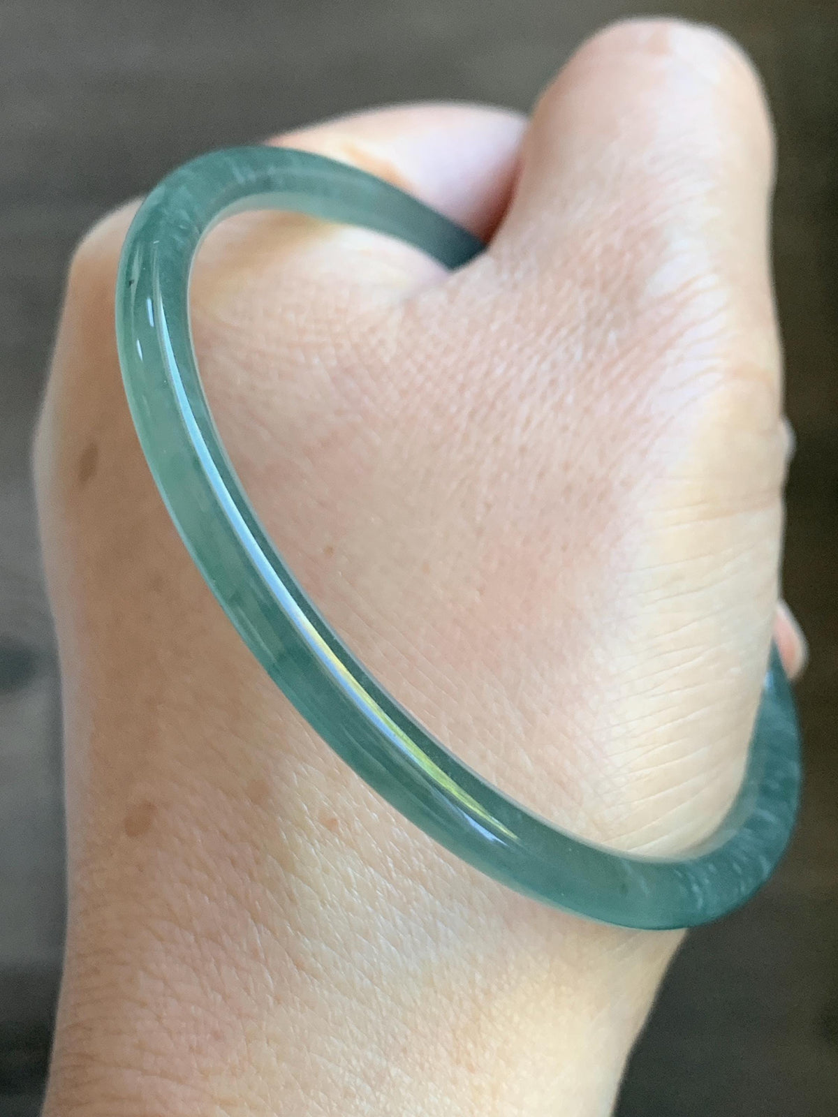 Certified Natural Grade A Guatemalan Icy Highly Translucent Dusty Teal Green Jade Jadeite Slim Bangle 59.9mm 7.4” 13.55g 天然冰胶危蓝绿翡翠细圆条手镯 932