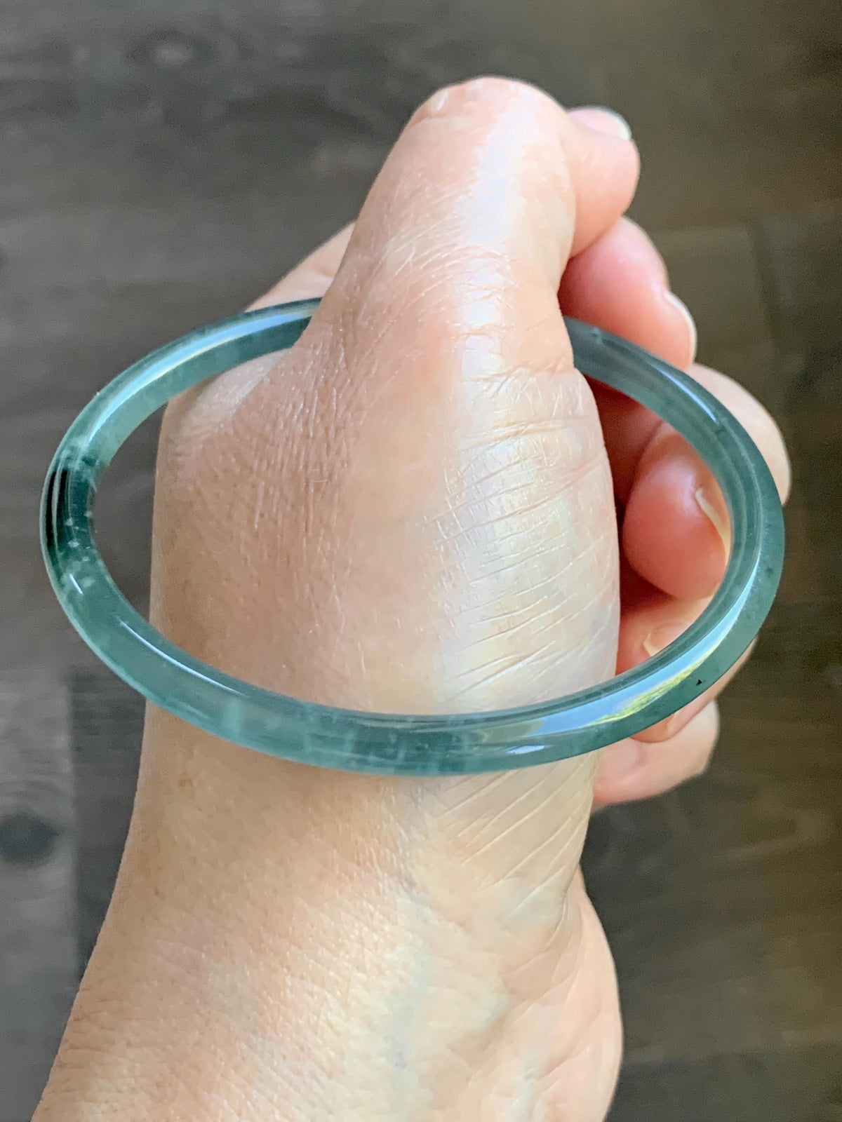 Certified Natural Grade A Guatemalan Icy Highly Translucent Dusty Teal Green Jade Jadeite Slim Bangle 59.9mm 7.4” 13.55g 天然冰胶危蓝绿翡翠细圆条手镯 932