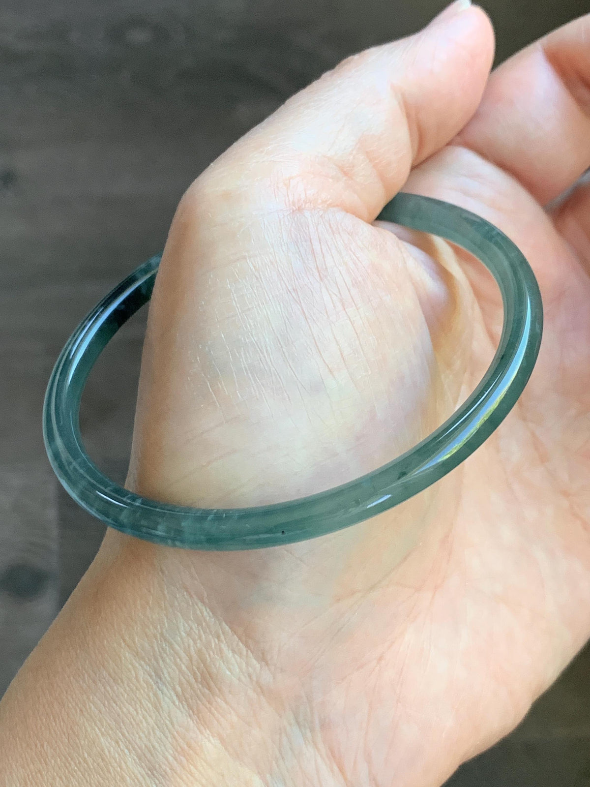 Certified Natural Grade A Guatemalan Icy Highly Translucent Dusty Teal Green Jade Jadeite Slim Bangle 59.9mm 7.4” 13.55g 天然冰胶危蓝绿翡翠细圆条手镯 932
