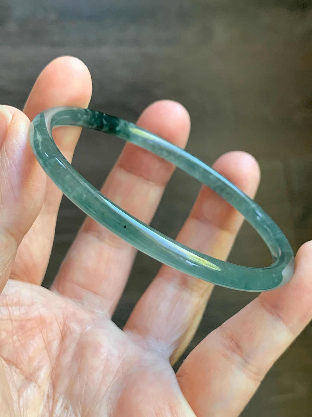Certified Natural Grade A Guatemalan Icy Highly Translucent Dusty Teal Green Jade Jadeite Slim Bangle 59.9mm 7.4” 13.55g 天然冰胶危蓝绿翡翠细圆条手镯 932