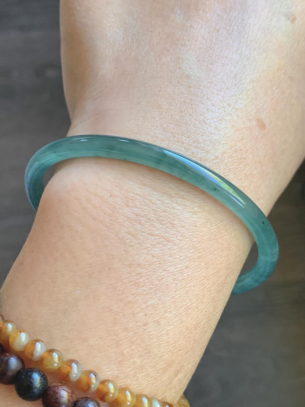 Certified Natural Grade A Guatemalan Icy Highly Translucent Dusty Teal Green Jade Jadeite Slim Bangle 59.9mm 7.4” 13.55g 天然冰胶危蓝绿翡翠细圆条手镯 932