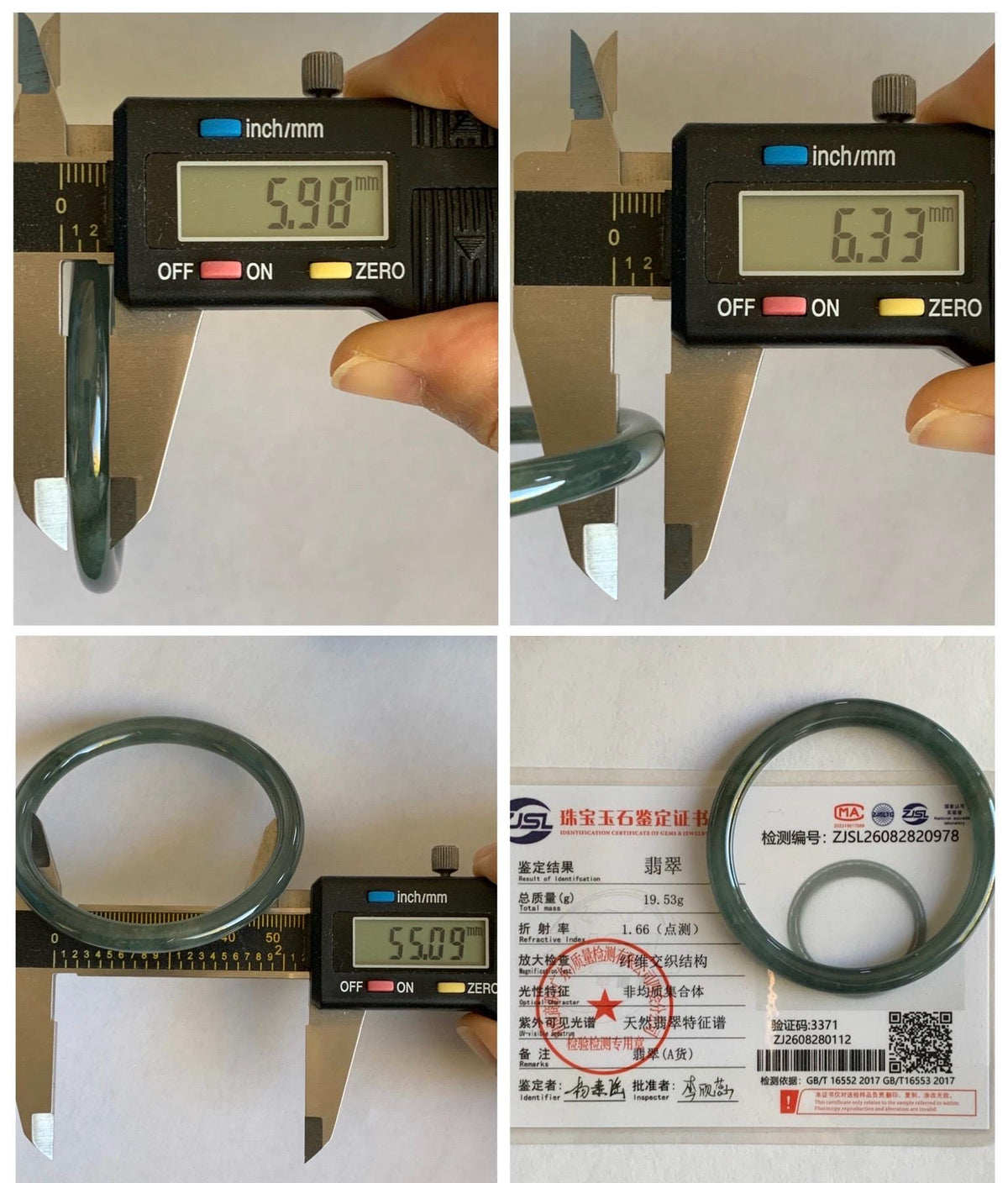 Certified Natural Grade A Guatemalan Icy Translucent Gray Wuji Jade Jadeite Bangle Bracelet 55.09mm 6.81” 19.53g 天然冰危灰蓝乌鸡翡翠圆条手镯 978