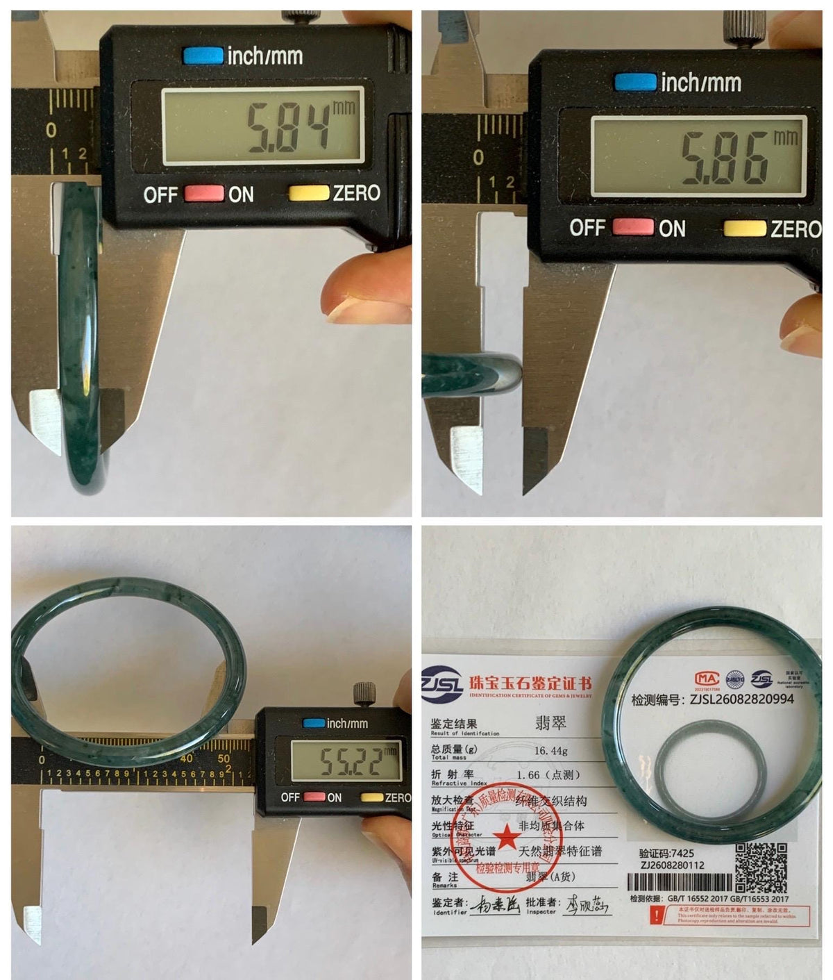 Certified Natural Grade A Guatemalan Icy Translucent Dark Dusty Teal Green Jade Jadeite Slim Bangle 55.22mm 6.83” 16.44g 天然冰胶危蓝绿翡翠细圆条手镯994