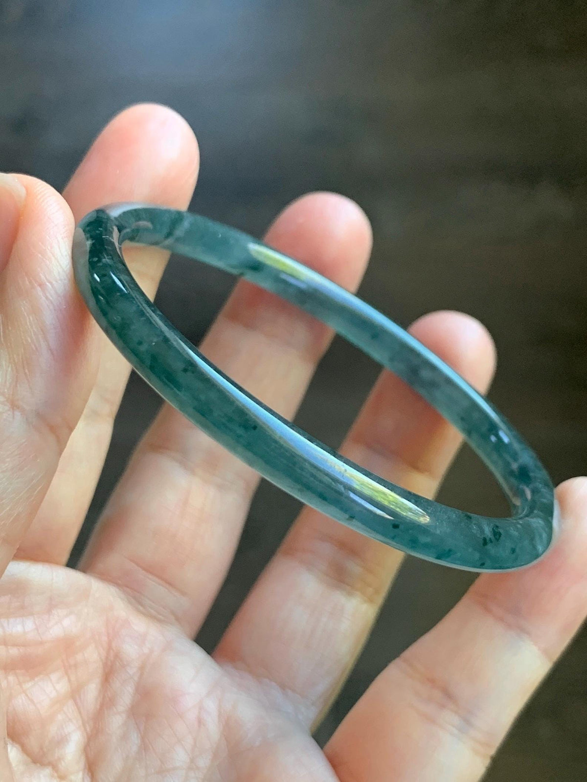 Certified Natural Grade A Guatemalan Icy Translucent Dark Dusty Teal Green Jade Jadeite Slim Bangle 55.22mm 6.83” 16.44g 天然冰胶危蓝绿翡翠细圆条手镯994