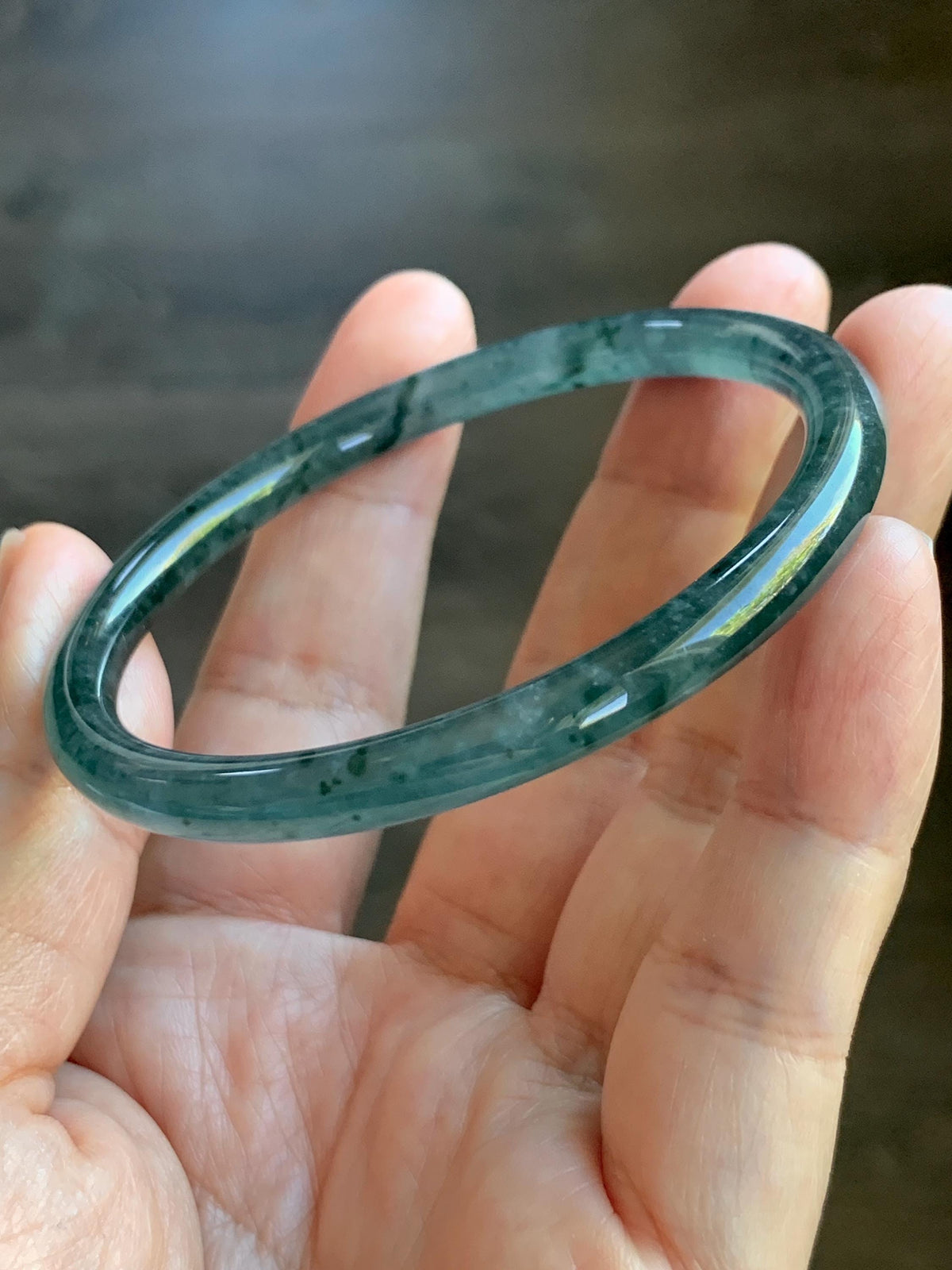 Certified Natural Grade A Guatemalan Icy Translucent Dark Dusty Teal Green Jade Jadeite Slim Bangle 55.22mm 6.83” 16.44g 天然冰胶危蓝绿翡翠细圆条手镯994