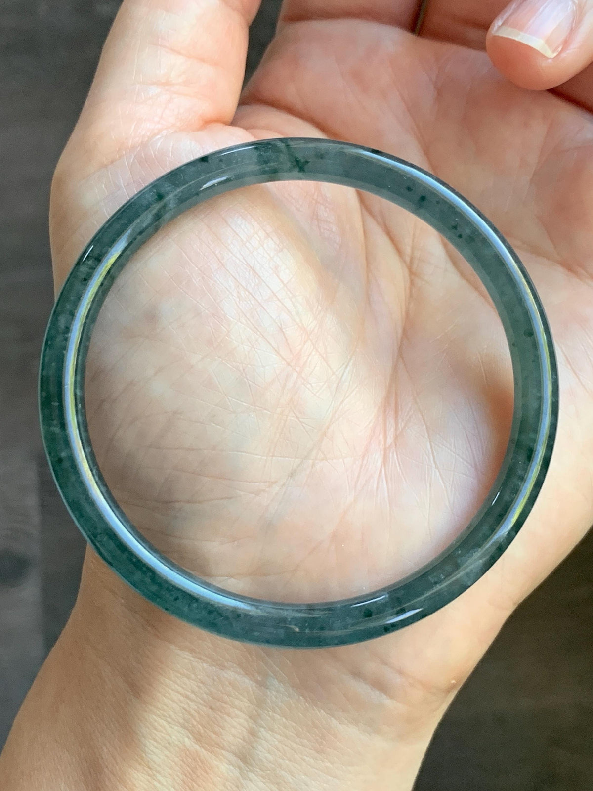 Certified Natural Grade A Guatemalan Icy Translucent Dark Dusty Teal Green Jade Jadeite Slim Bangle 55.22mm 6.83” 16.44g 天然冰胶危蓝绿翡翠细圆条手镯994