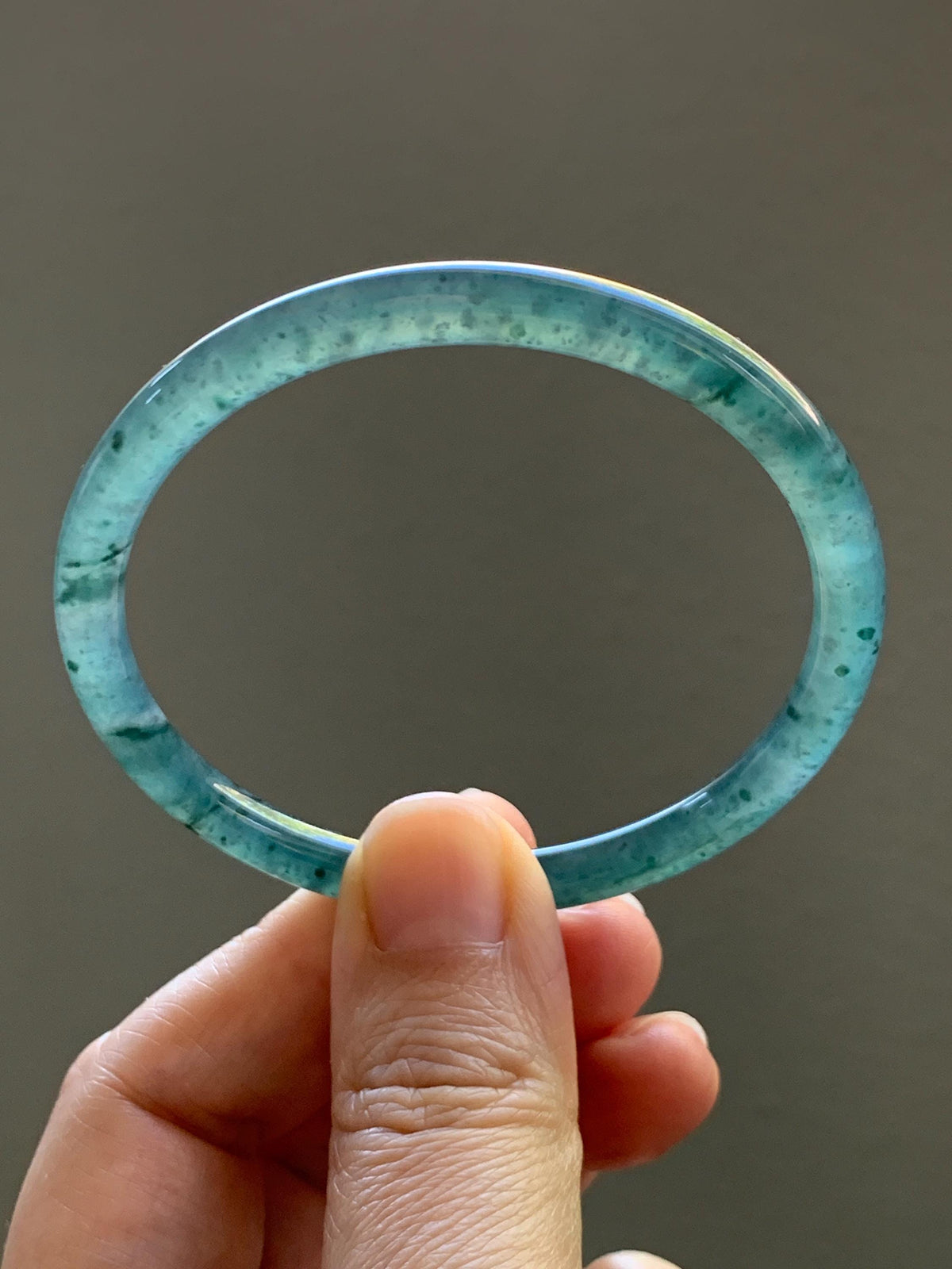 Certified Natural Grade A Guatemalan Icy Translucent Dark Dusty Teal Green Jade Jadeite Slim Bangle 55.22mm 6.83” 16.44g 天然冰胶危蓝绿翡翠细圆条手镯994