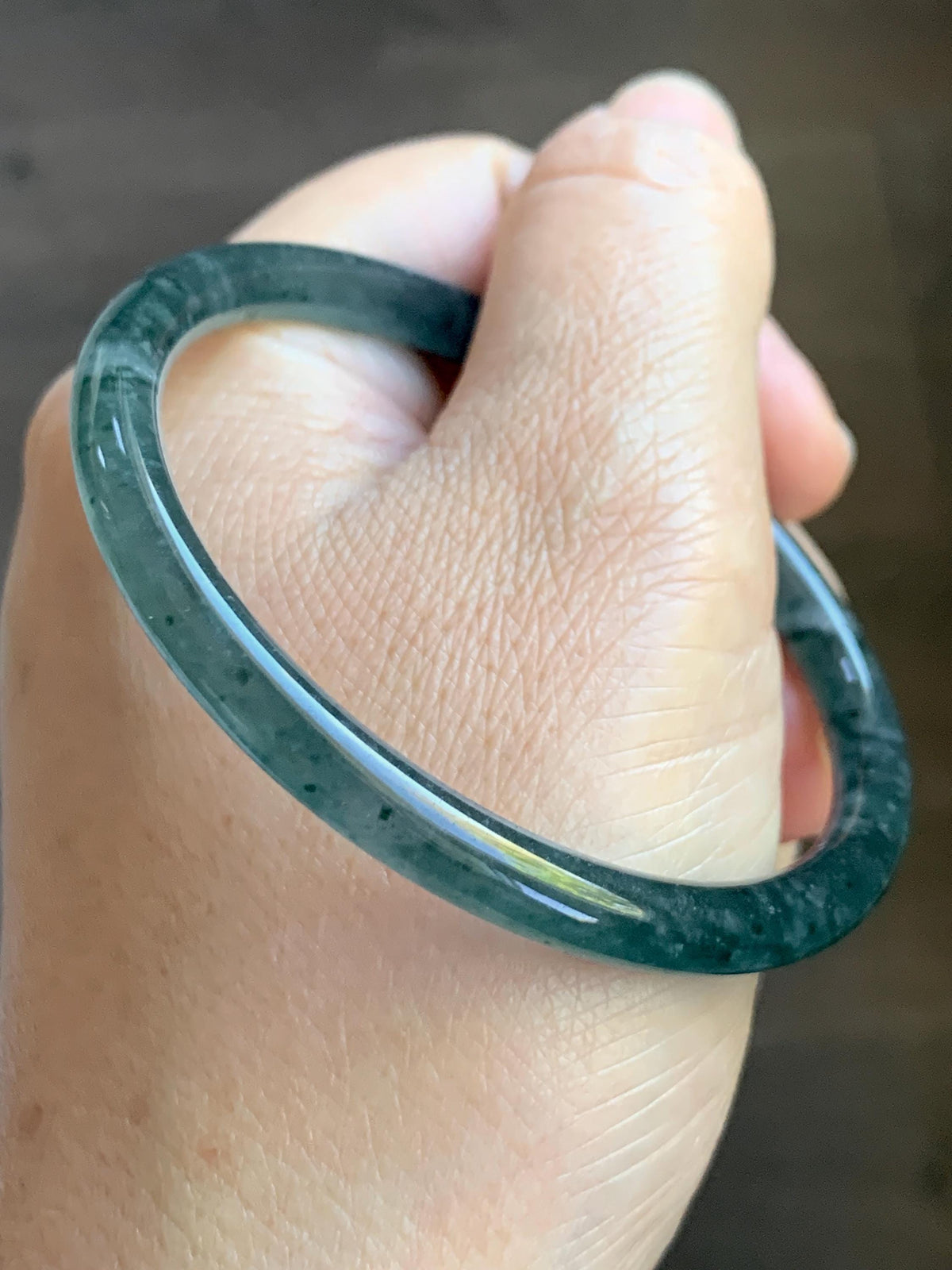 Certified Natural Grade A Guatemalan Icy Translucent Dark Dusty Teal Green Jade Jadeite Slim Bangle 55.22mm 6.83” 16.44g 天然冰胶危蓝绿翡翠细圆条手镯994