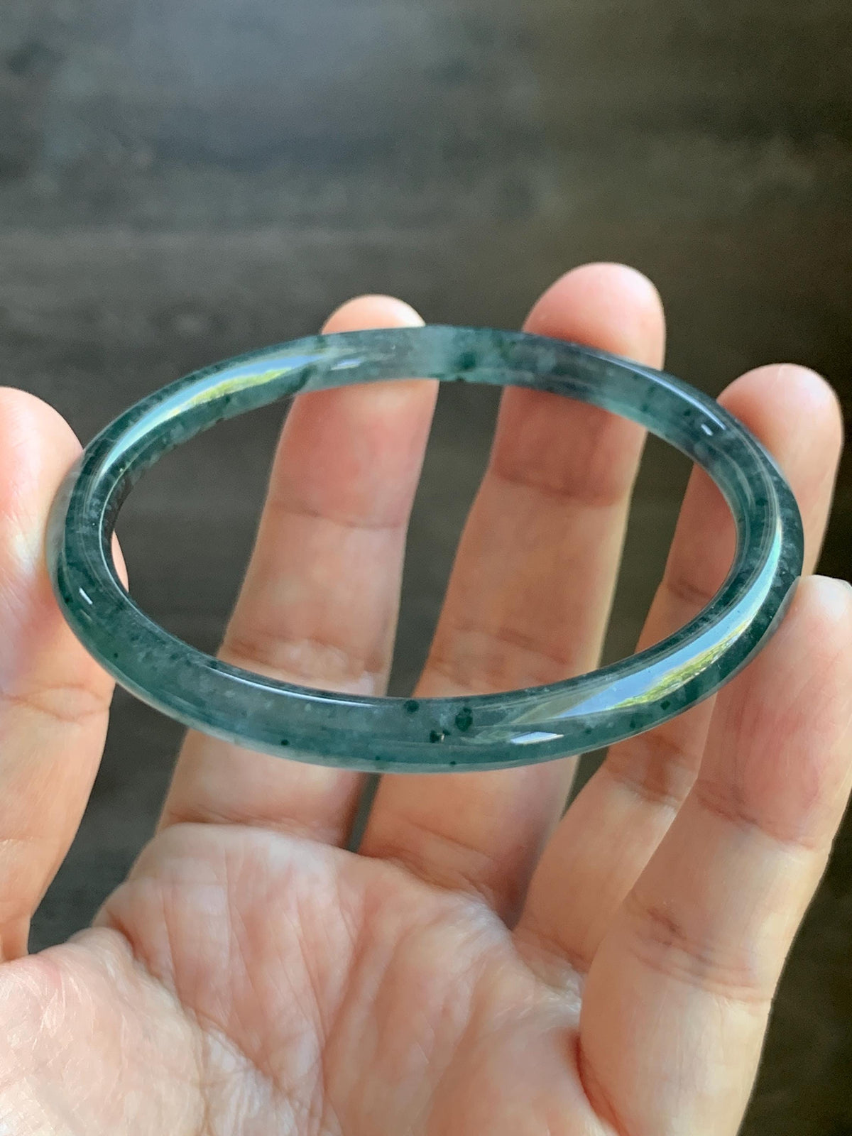 Certified Natural Grade A Guatemalan Icy Translucent Dark Dusty Teal Green Jade Jadeite Slim Bangle 55.22mm 6.83” 16.44g 天然冰胶危蓝绿翡翠细圆条手镯994