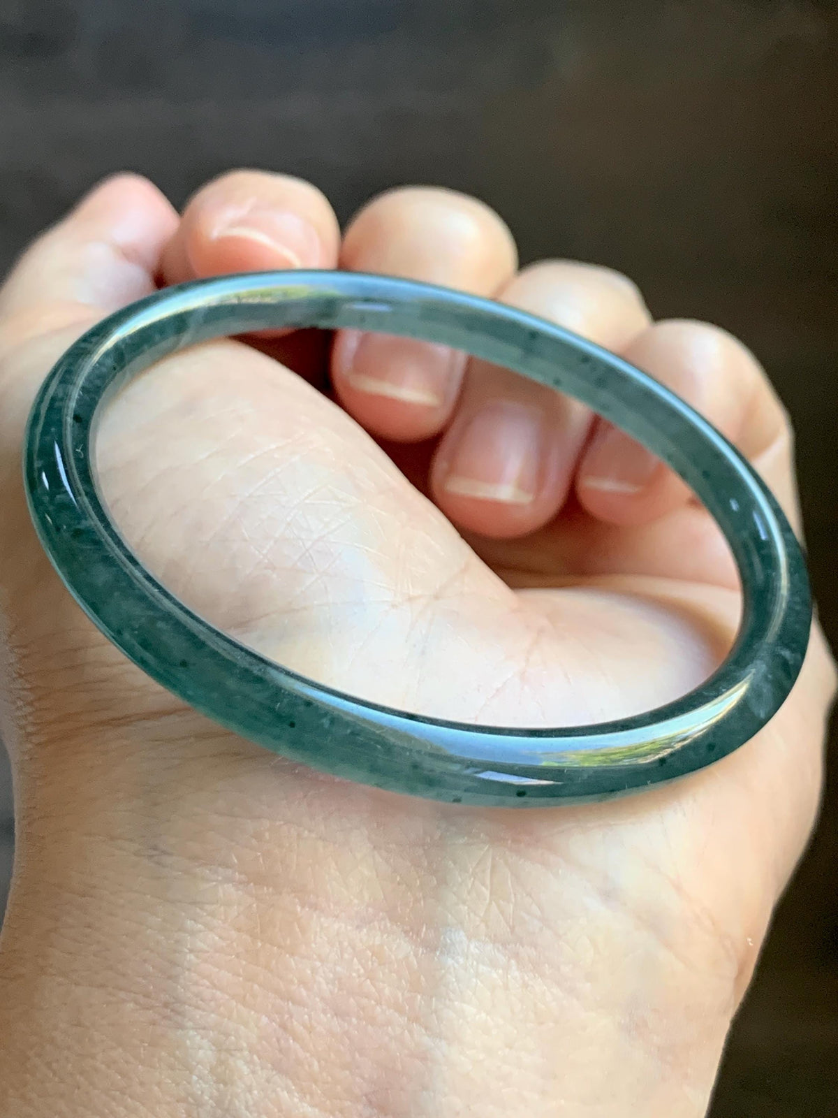 Certified Natural Grade A Guatemalan Icy Translucent Dark Dusty Teal Green Jade Jadeite Slim Bangle 55.22mm 6.83” 16.44g 天然冰胶危蓝绿翡翠细圆条手镯994
