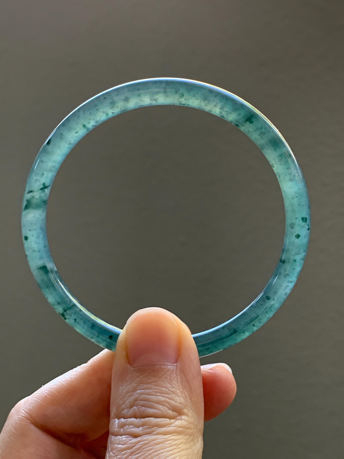 Certified Natural Grade A Guatemalan Icy Translucent Dark Dusty Teal Green Jade Jadeite Slim Bangle 55.22mm 6.83” 16.44g 天然冰胶危蓝绿翡翠细圆条手镯994