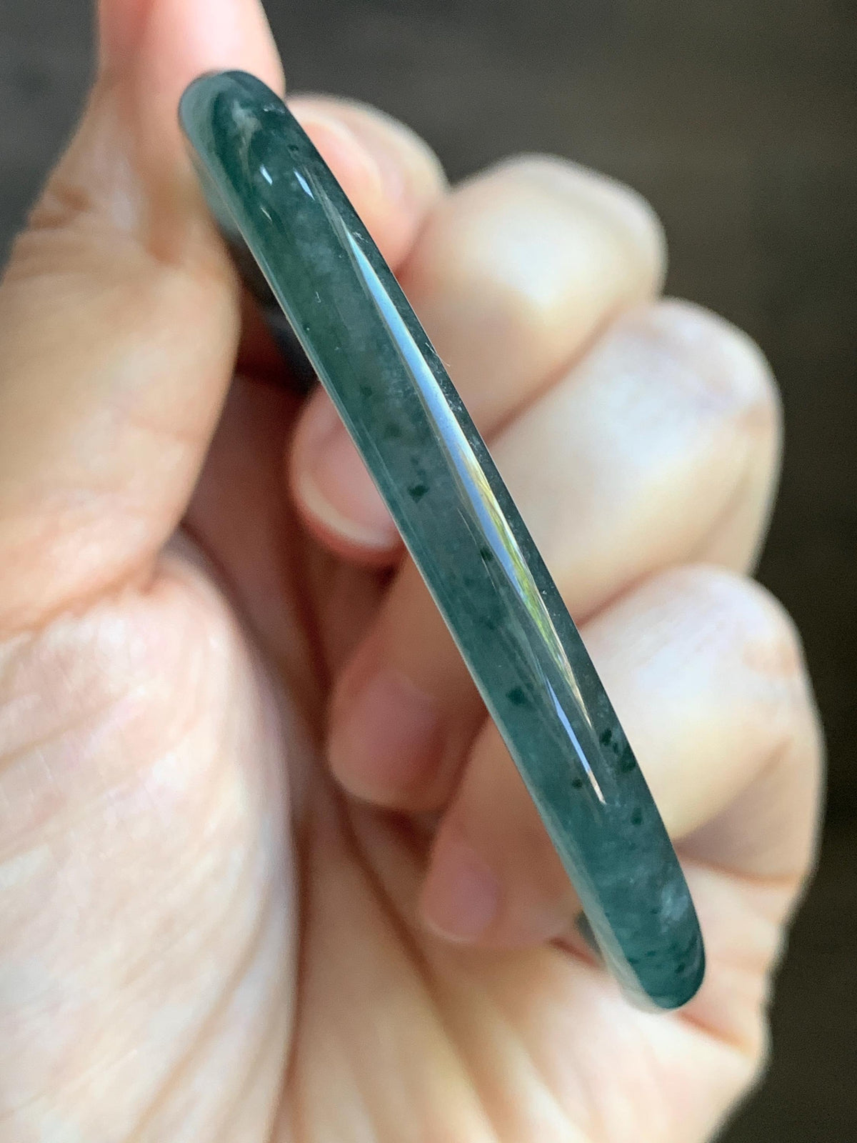 Certified Natural Grade A Guatemalan Icy Translucent Dark Dusty Teal Green Jade Jadeite Slim Bangle 55.22mm 6.83” 16.44g 天然冰胶危蓝绿翡翠细圆条手镯994