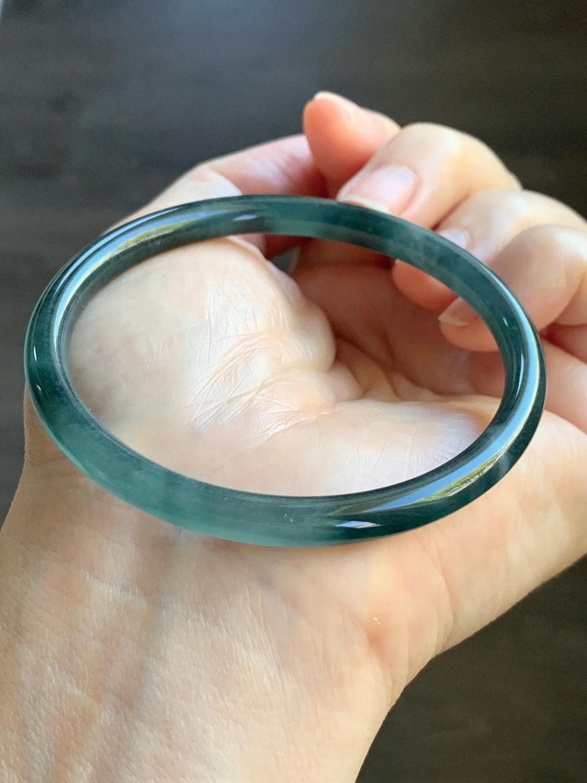 Certified Natural Grade A Guatemalan Icy Translucent Dark Dusty Teal Blue Jade Jadeite Slim Bangle 57.18mm 7.07” 17.19g 天然冰胶危蓝绿翡翠细圆条手镯991
