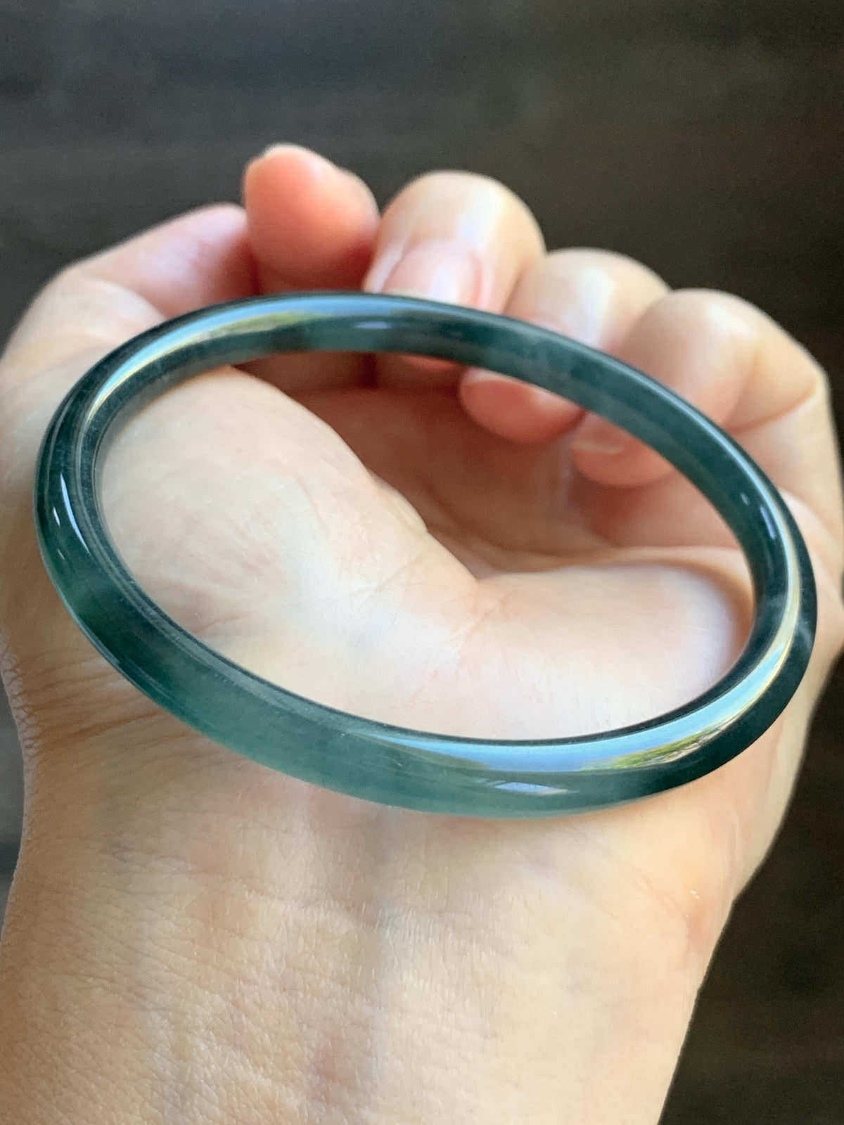Certified Natural Grade A Guatemalan Icy Translucent Dark Dusty Teal Blue Jade Jadeite Slim Bangle 57.18mm 7.07” 17.19g 天然冰胶危蓝绿翡翠细圆条手镯991